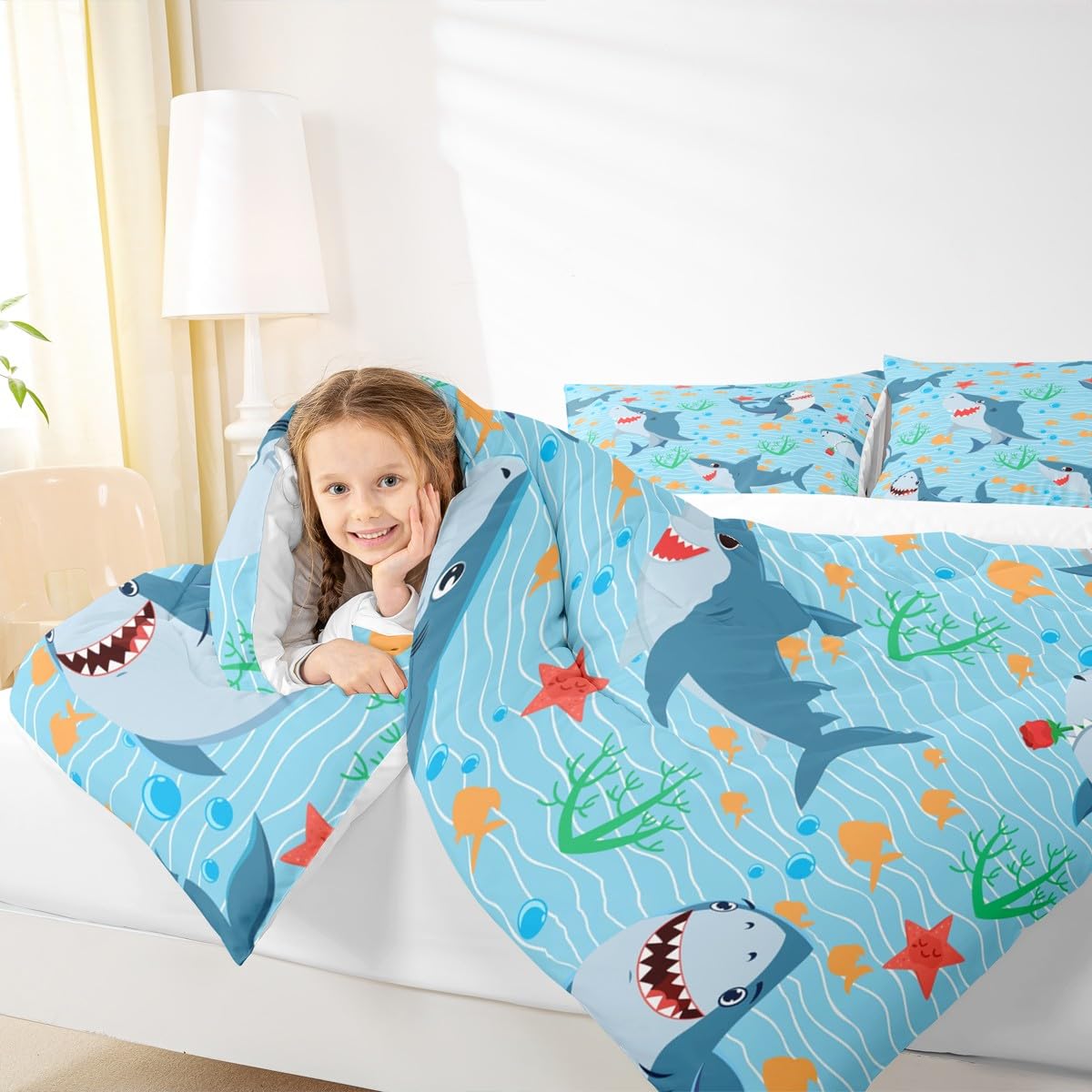 Cute Shark Comforter Set Twin Size,Fish Coral Bedding Set 2pcs for Kids Teens Boys Girls Room Decor,Mysterious Under Sea Animals Plants Themed Quilt Set Cartoon Blue Duvet Insert with 1 Pillowcase