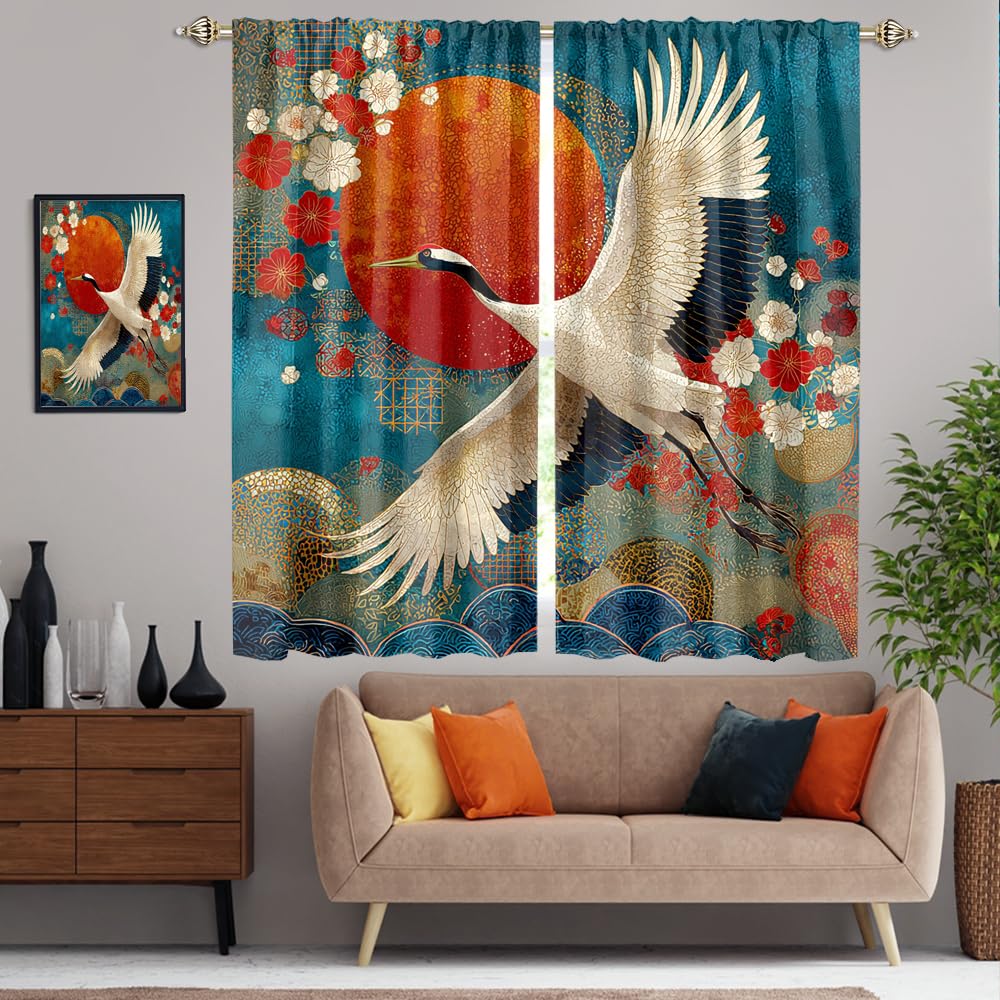 XSUPFLYM Colorful Abstract Japanese Crane Blackout Curtain for Living Room Beautiful Red Sun Animal Crane Cherry Blossom Great Waves Thermal Insulated Curtain for Bedroom 2 Panels Each 21" W x 54" L