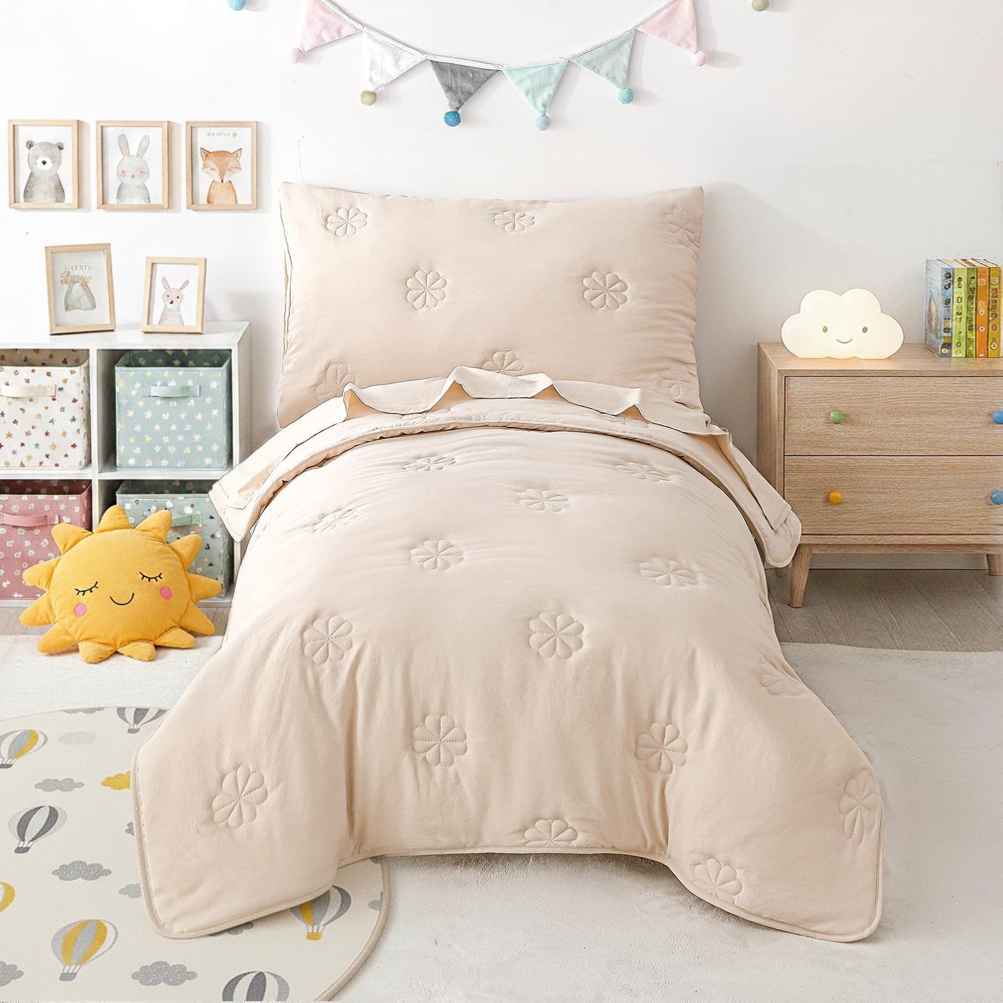 DreLunis 4-Piece Toddler Bedding Sets for Girls Boys, Soft Microfiber Floral Embroidery Toddler Bed Comforter Bed-in-a-Bag Includes Comforter, Flat Sheet, Fitted Sheet, Envelope Pillowcase, Beige