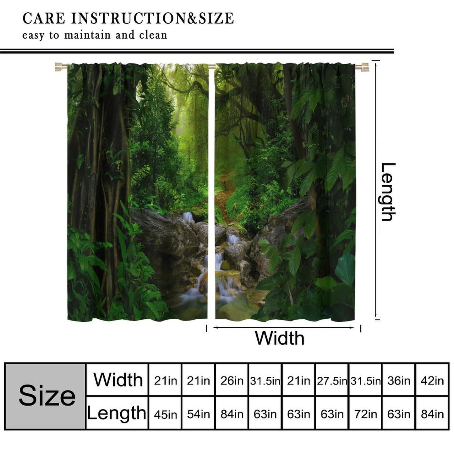 AuiMzoo Waterfall View Curtains, Tropical Forest Botanical Jungle Nature View, Bedroom Living Room Kitchen Blackout Curtains 21" W x 45" L