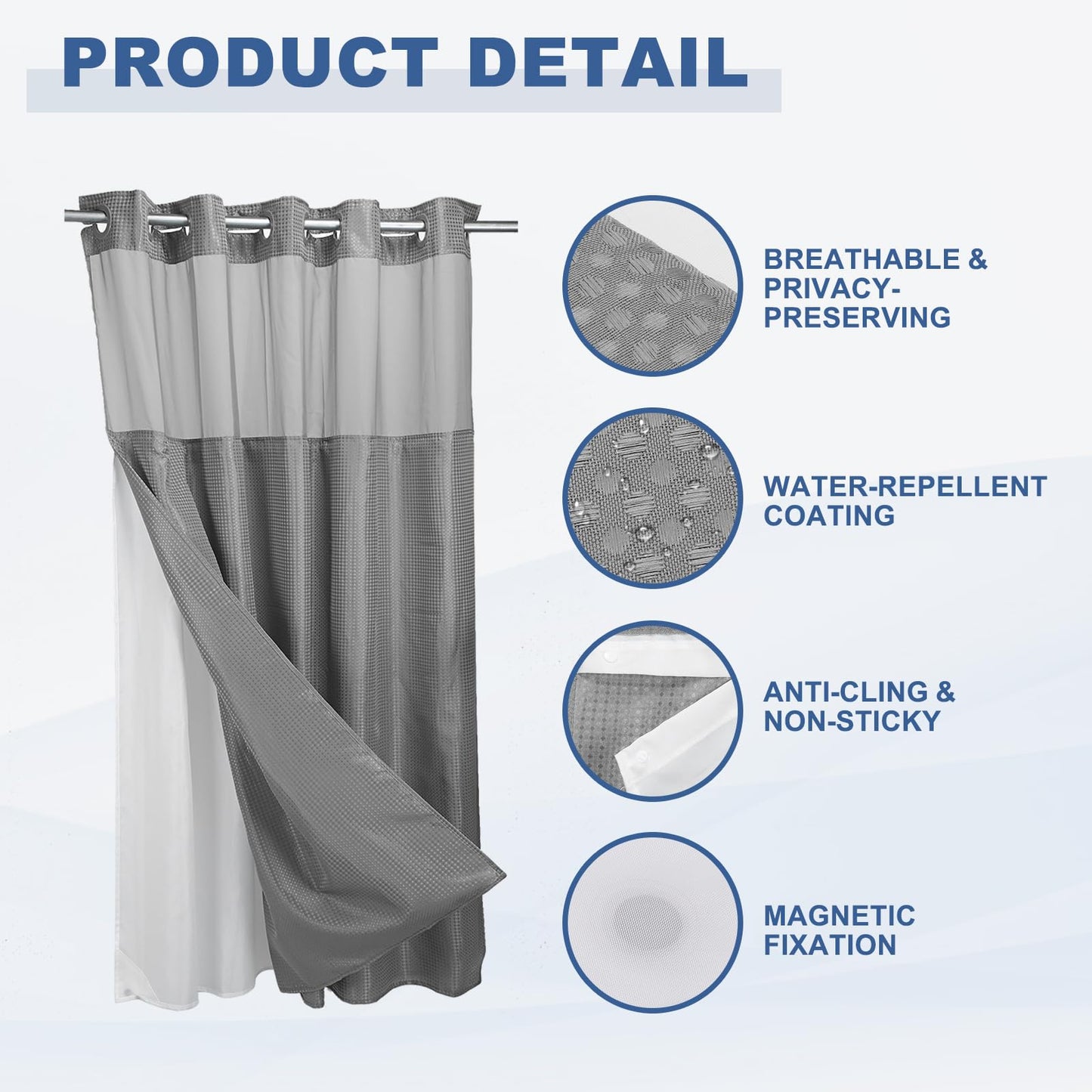 DTGN No Hook Shower Curtain, 71Wx72L Polyester Snap-in Removable Liner Set, Waterproof Washable Waffle Weave Textured Shower Curtains for Home Bathroom Hotel, Dark Gray