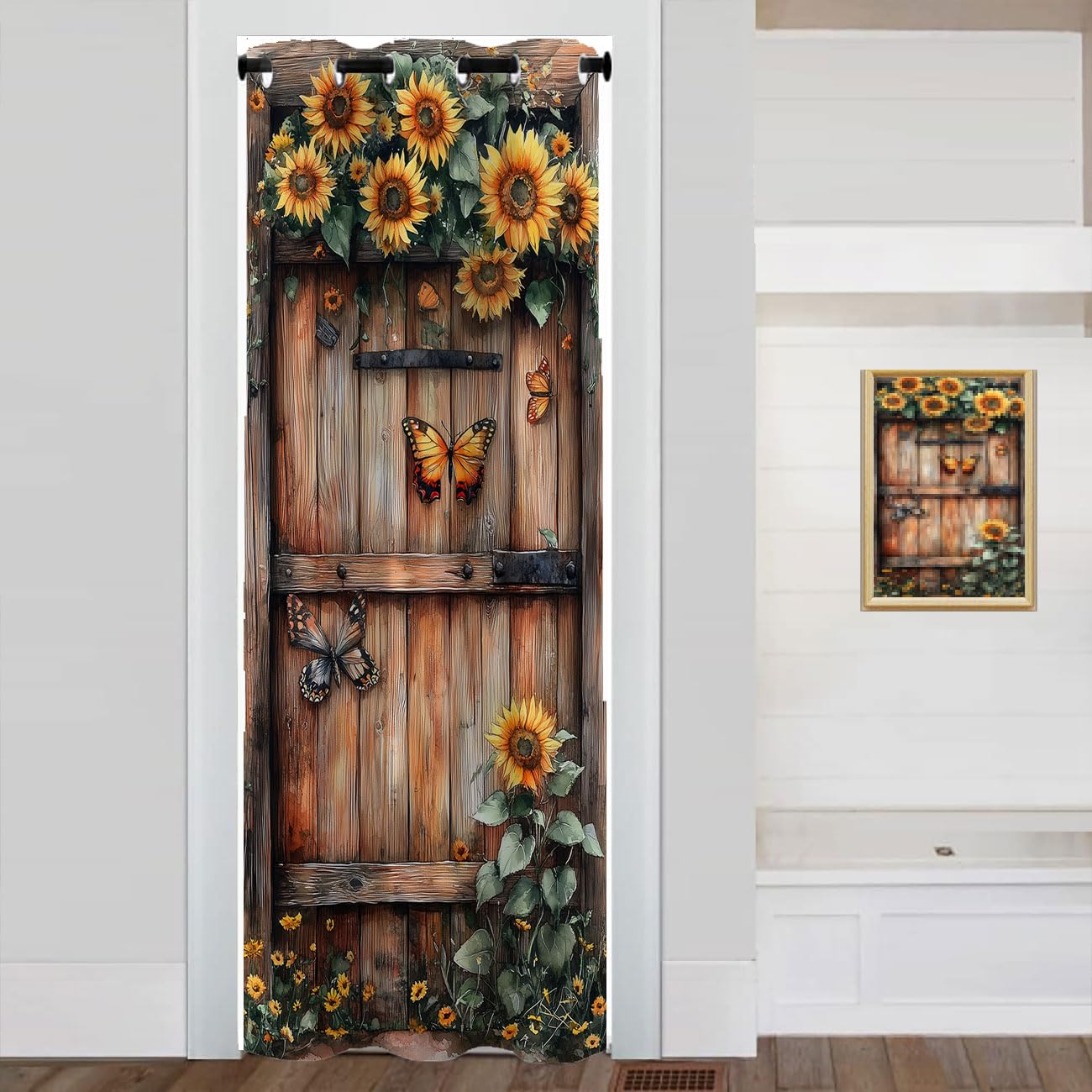 Shixiaoyan Wooden Barn Door Door Curtain for Doorway Privacy Sunflower Flowers Butterfly Country Closet Door Cover Curtain for Darkening Door Drape for Kid Teens Boys Teens, 1 Panel 34" W X 80" L