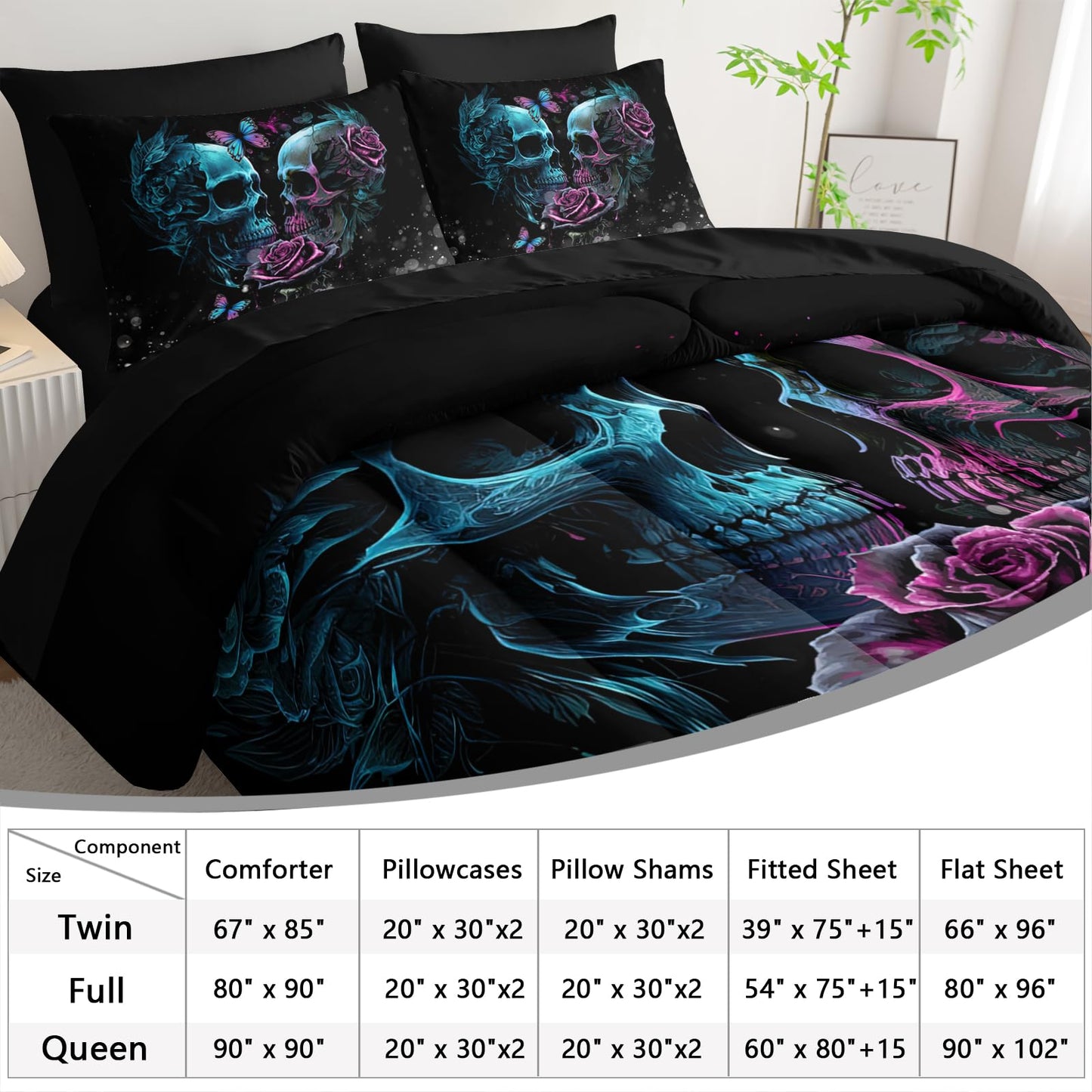 AILONEN Sugar Skull Comforter Set Twin Size,7-Piece Soft Bed in a Bag,Rose Skull Couple Black Comforter & Fitted Sheet & Flat Sheet & 2 Pillowcases,2 Pillow Shams for Bedroom
