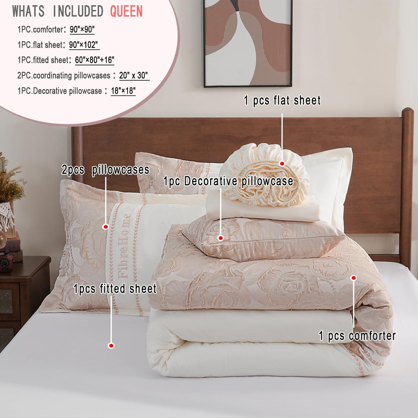 FibreHome Jacquard Bed in a Bag 6-Pieces Jacquard Weave & Embroidery Design Rose Floral Bedding Set Ultra Soft Microfiber Light Weight Comforter All Season Queen Beige Bedding Sets