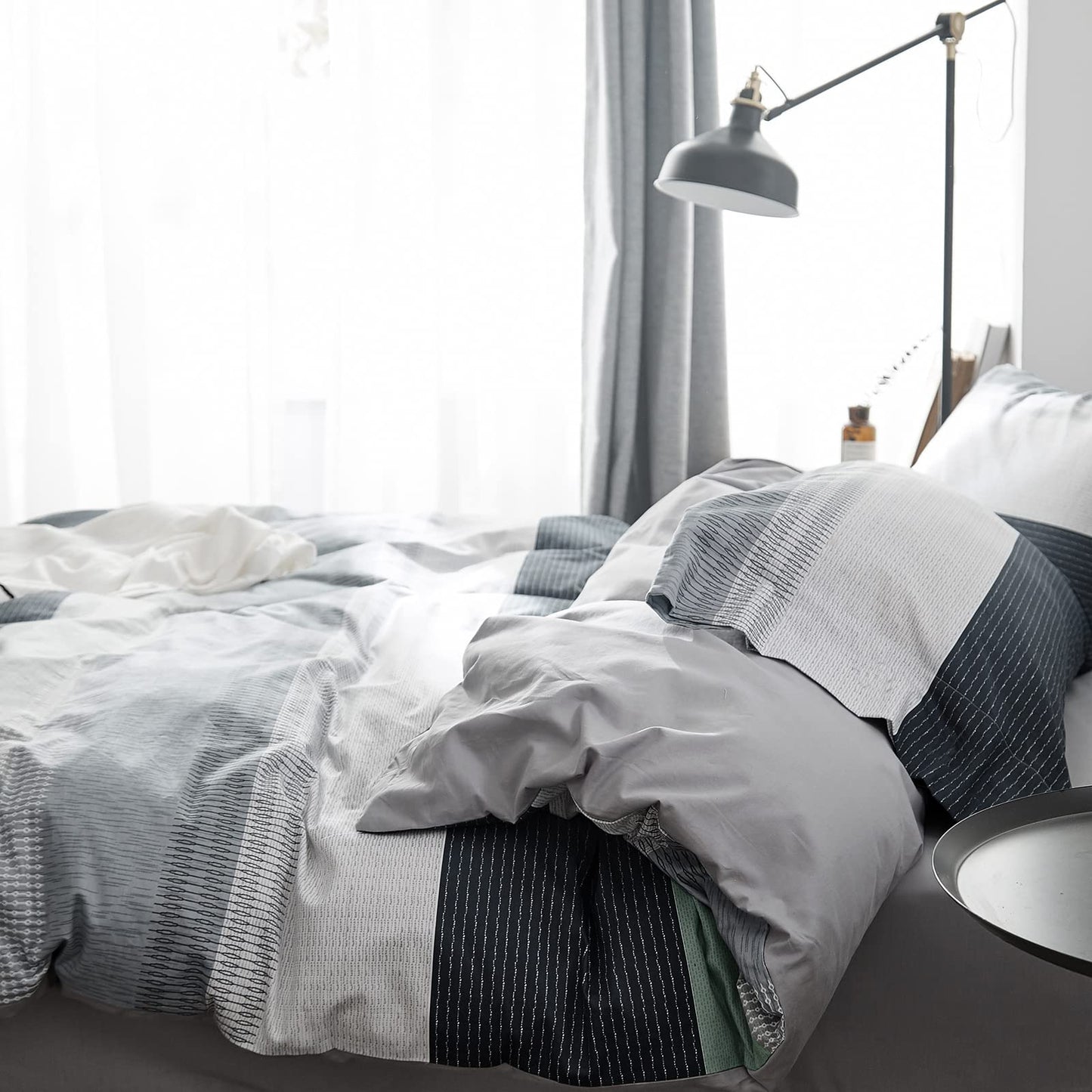VM VOUGEMARKET Bedding Striped Duvet Cover Queen,3 Pieces Blue Gray Duvet Cover Sets, Cotton,Modern Simple Comforter Cover for Teens Men-Full/Queen,Martin