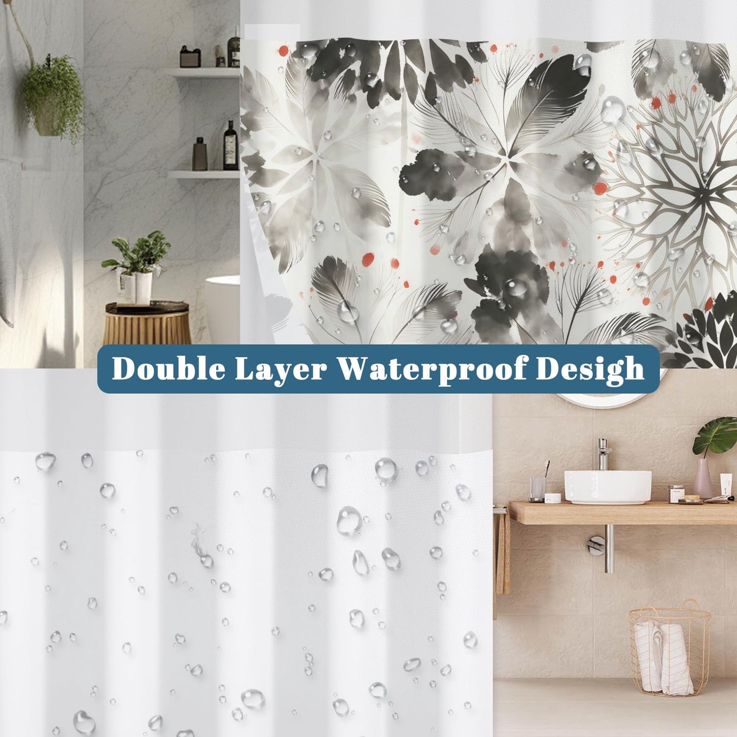 Xiazhilaio Black Floral Shower Curtain with Snap in Liner, 71x74 Inch