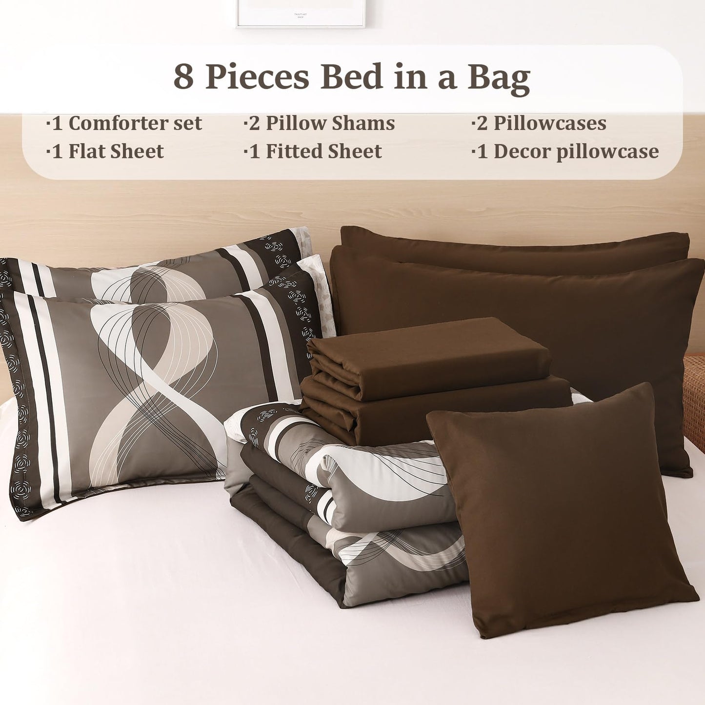 Anibedding Boho Comforter Set,8 Pieces Bed in a Bag Patchwork Striped Comforter Set,Brown Bed Set Queen Size, Soft Microfiber Boho Bedding Set for All Season(90"×90")