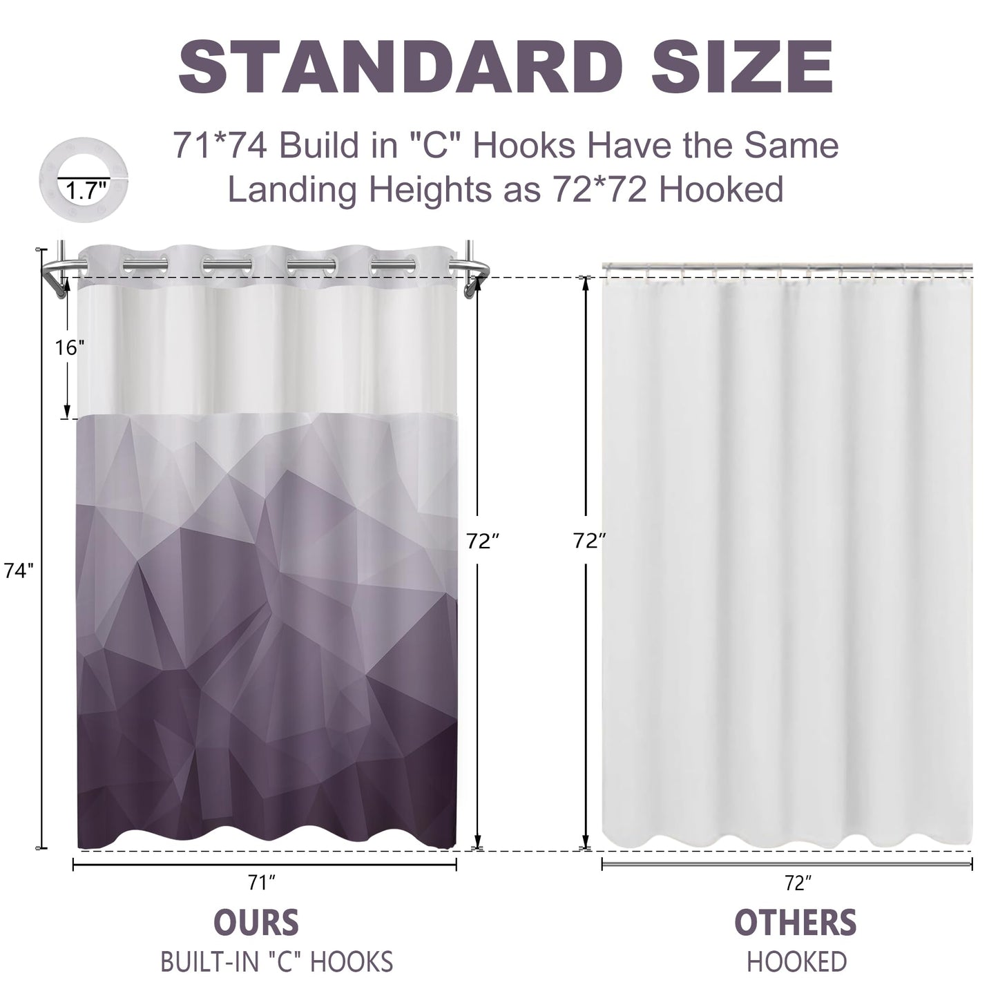 AXURXUI No Hook Shower Curtain with Snap in Liner and Sheer Window, Purple Modern Geometric Fabric Shower Curtain Set for Bathroom Decor, 15-Second Quick Install, Abstract Irregular Ombre, 71"X74"