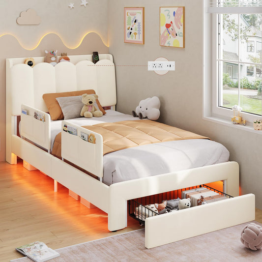 DICTAC Twin Size LED Bed Frame with Storage Drawer and Safety Guardrails, Velvet Upholstered Platform Bed for Kids with Chic Wavy Storage Headboard, Charging Station, Heavy Duty Metal Support, Beige