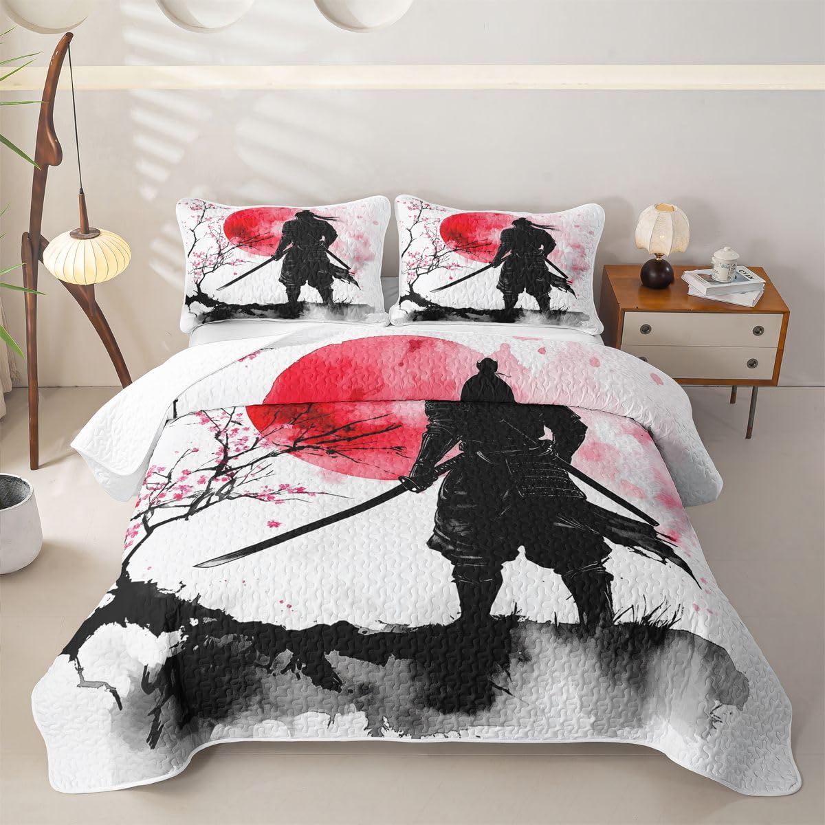 Erosebridal Japanese Samurai Quilt Twin Size - Sunset Bedspread Cherry Blossoms Bed Coverlet with 1 Pillowcase