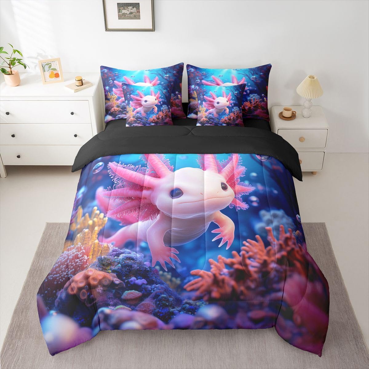 Erosebridal Kids Axolotl Queen Bedding Set for Boys Girls Underwater Axolotl Comforter Set with Flat and Fitted Sheet Coral Reef Seabed World 7-Piece Bed in a Bag 3D Reality Reptile Animal Quilt Sets