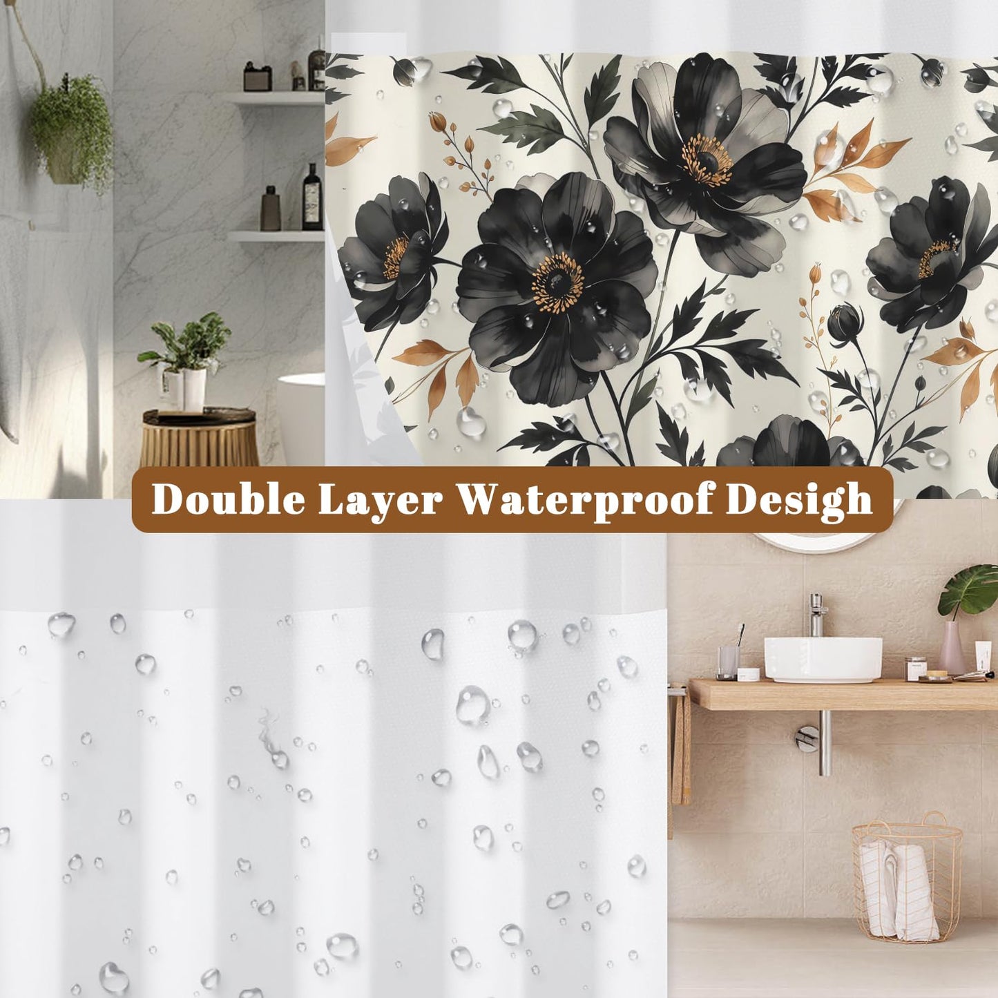 Xiazhilaio Black Floral Shower Curtain with Snap in Liner, 71x74 Inch