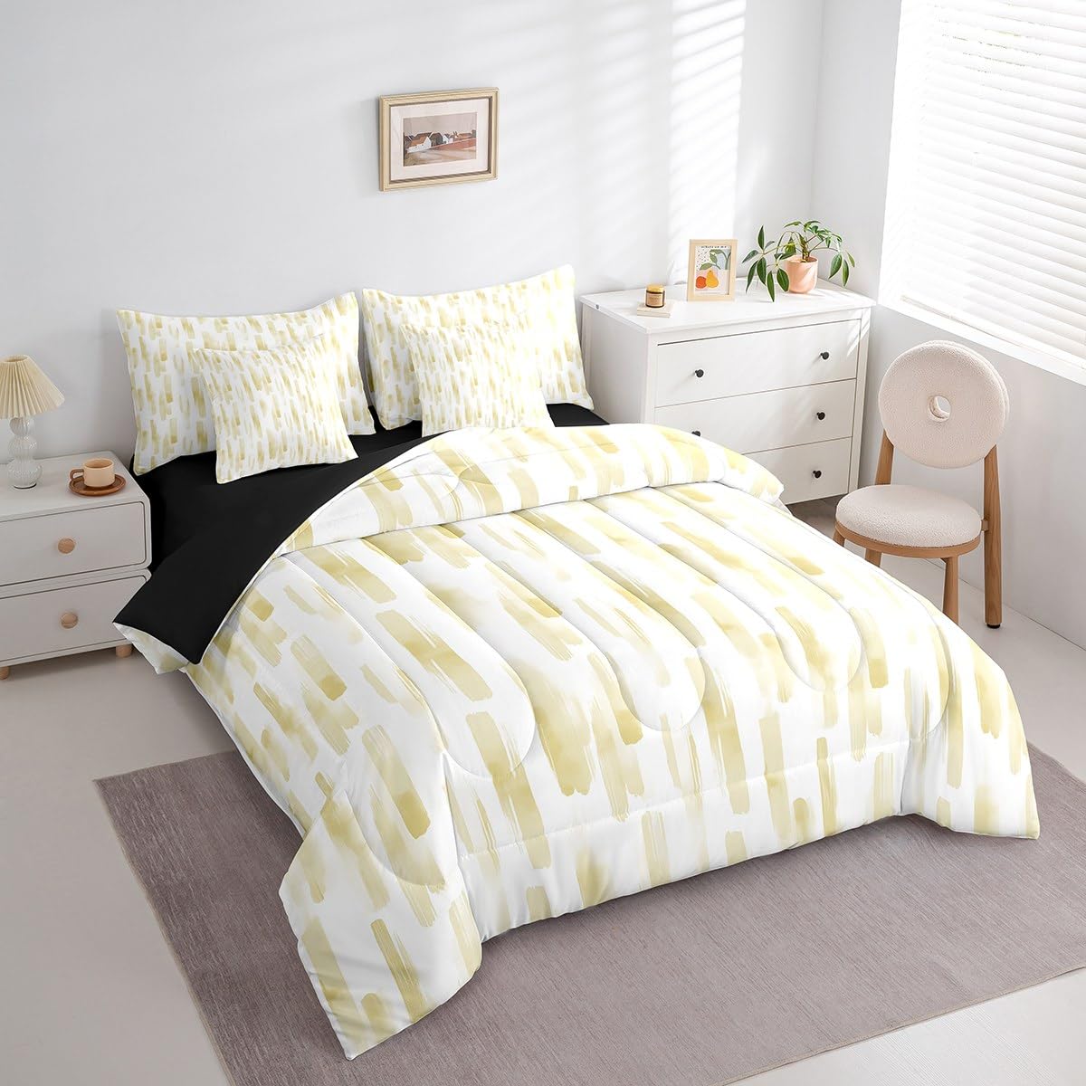 Erosebridal 7Pcs Lemon Yellow Boho Striped Comforter Set King,Geometric Stripes Abstract Bed in A Bag for Adults Women Men,Modern Ink Watercolor Quilt Set with Pillowcases,Ombre Gradient Art Bedding