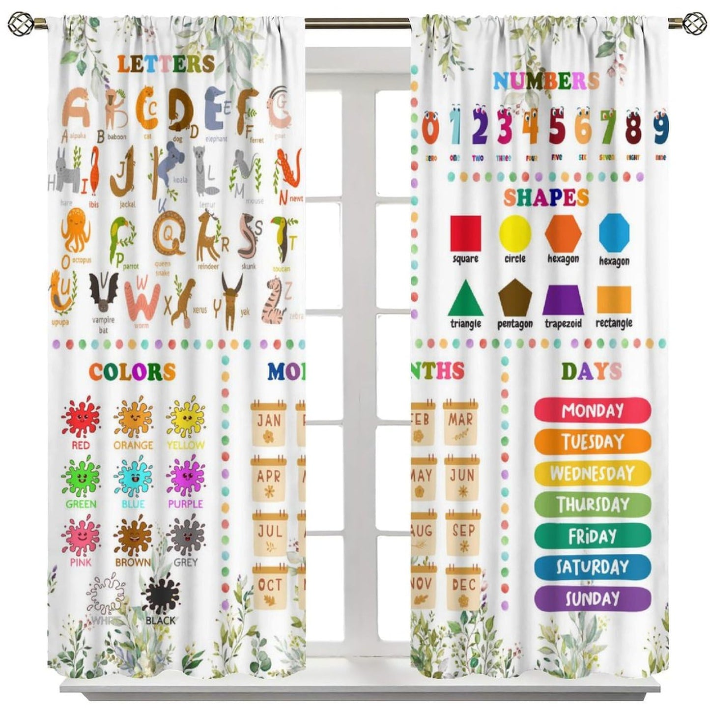 Kids Alphabets ABC Curtains,Cartoon Numeric Color Animal Nursery Eucalyptus Leaves Plant Funny School Education Window Drapes Print for Boys Girls Baby Children Toddler Bedroom 42x45in（No Blackout）