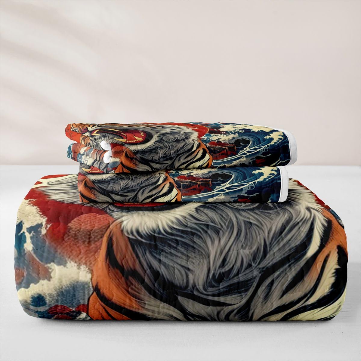 Erosebridal Japanese Style Quilt Twin Size - Watercolor Tiger Print Bedspread Red Sun and Japanese Wave Bed Coverlet with 1 Pillowcase