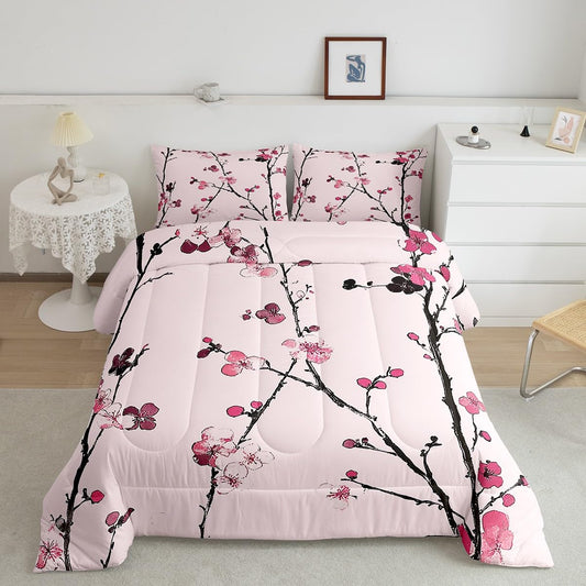 Feelyou Pink Cherry Blossoms Bedding Set for Kids Boys Girls Queen Size Japanese Style Comforter Set Ultra Soft Sakura Flower Comforter Floral Botanical Duvet Quilt Bedroom Decor Spring Quilt