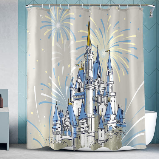 Vehcimbev Blue Cartoon Castle Shower Curtain Fireworks for Girl Bathroom Decor Waterproof Curtain with Hooks for Bathrooms Shower Fabric Showers Curtains Set 72x72Inch