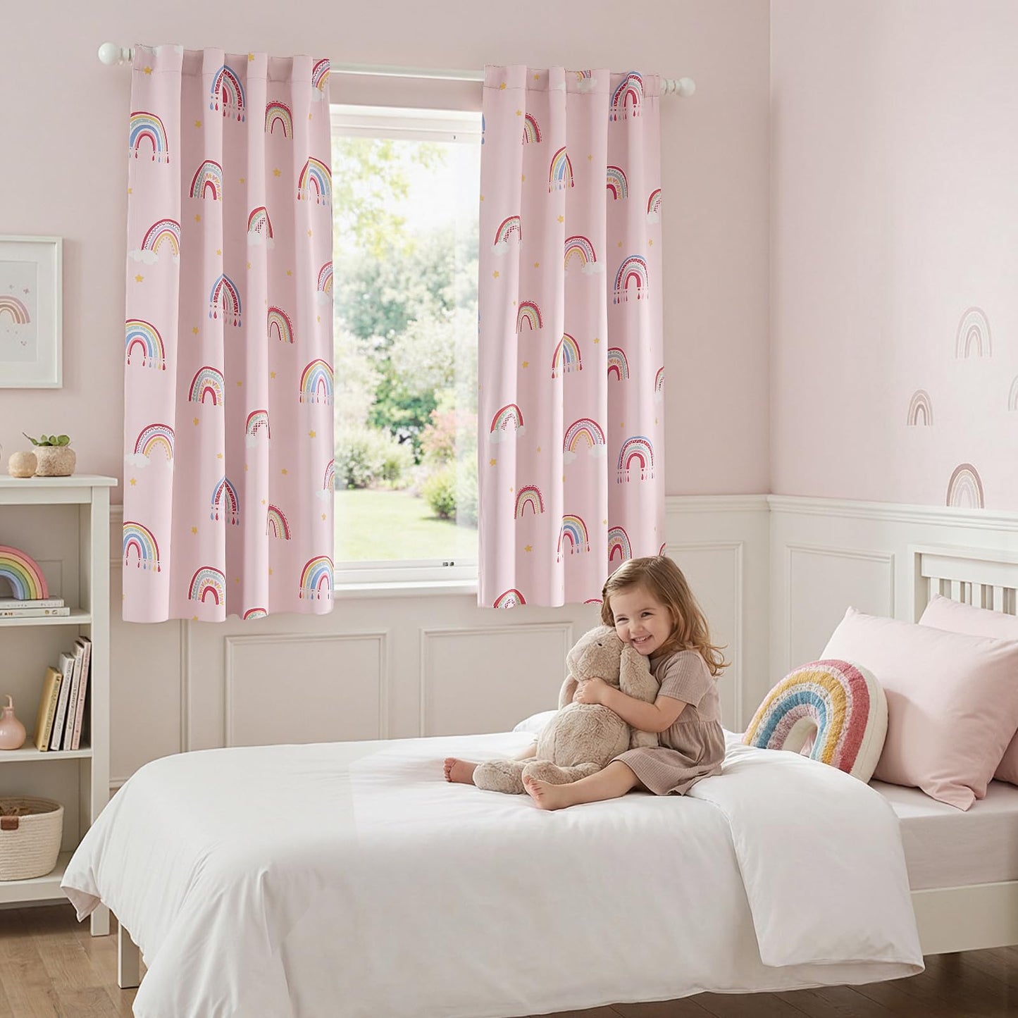 Vangao Blackout Curtains for Kids Bedroom Rainbow Pink Nursery Curtains 63 Inch Length Short Drapes for Teen Girls Thermal Insulated Room Darkening Boho Light Blocking for Living Room Set of 2