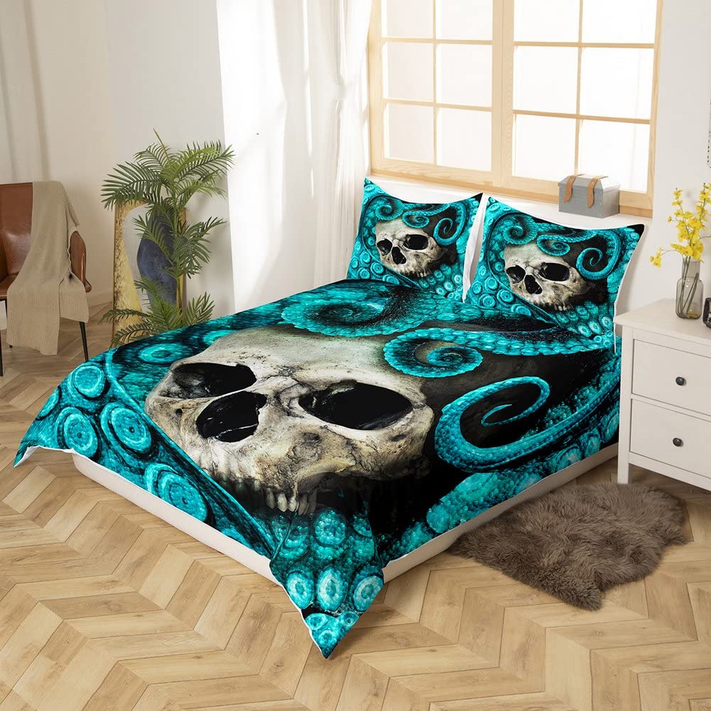 Feelyou Octopus Duvet Cover Set King Size Skull Bedding Set 3D Print Blue Decorative Luxury Horror Microfiber Polyester Comforter Cover with 2 Pillow Shams, Zipper, Marine Life, 3 Pieces
