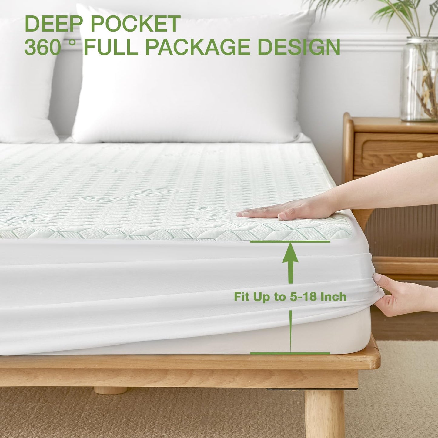 King Waterproof Mattress Protector Washable Mattress Padded Cover Rayon Bamboo Fitted King Size Bed Protection Noiseless Plastic Bed Pad Deep Pocket Up 18“ Soft&Breathable