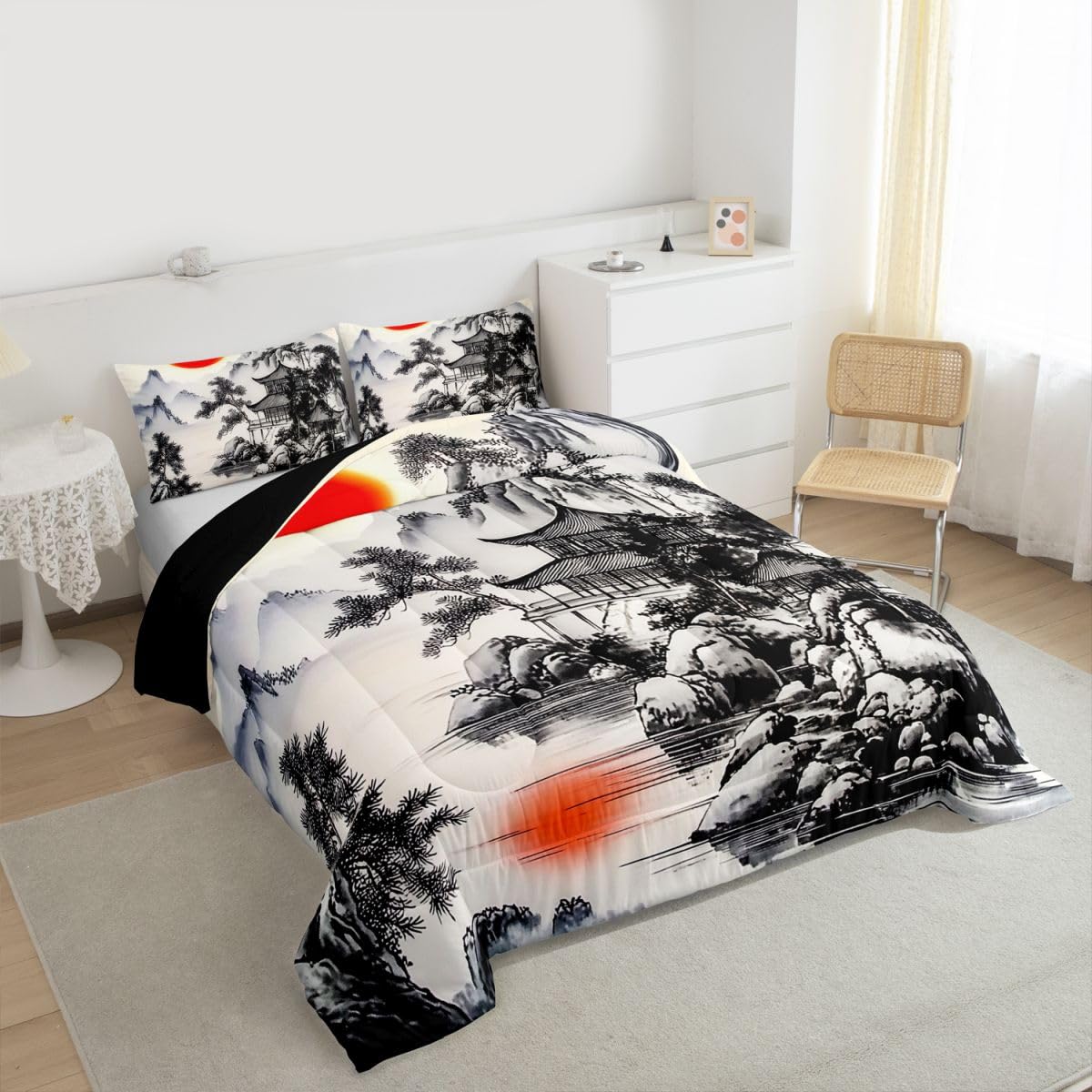 jejeloiu Chinese Ink Painting Kids Comforter Set Queen Size Japanese Style Bedding Set Red Sun Duvet Quilt for Kids Boys Girls Bedroom Mountain Decor Microfiber Ultra Soft Breathable