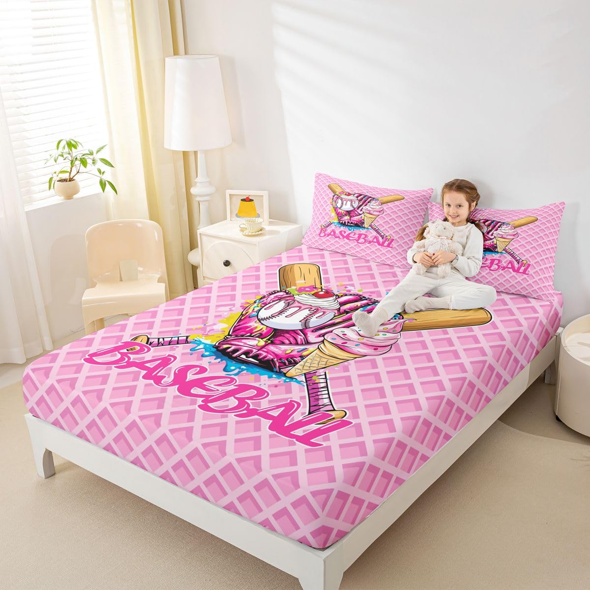 Homewish Baseball Ice Cream Drip Kids Sheet Full Size,Baseball Bat Gloves Ball Sport Competition Bedding Set, Biscuit Cherry Dessert Softball Kids Room Decor,Pink Sheet(Fitted+Flat+2 Pillowcases)