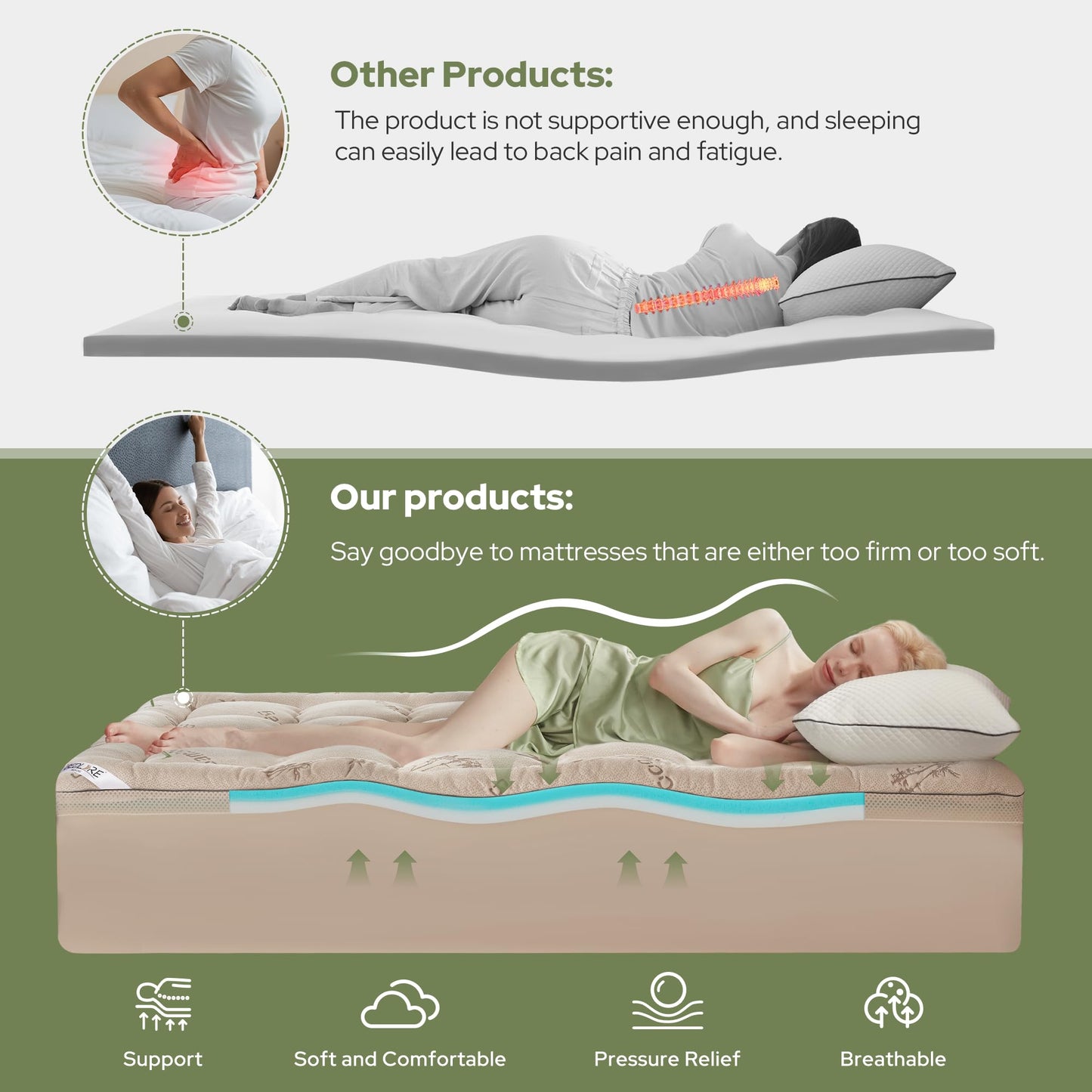 BEDLORE 4 Inch Memory Foam Mattress Topper King,2-in-1 Dual Layer Design (2" Gel Memory Foam + 2" Plush Pillow Top Cover) Mattress Topper Medium-Firm,Pressure Relief & Back Pain Support(Beige)