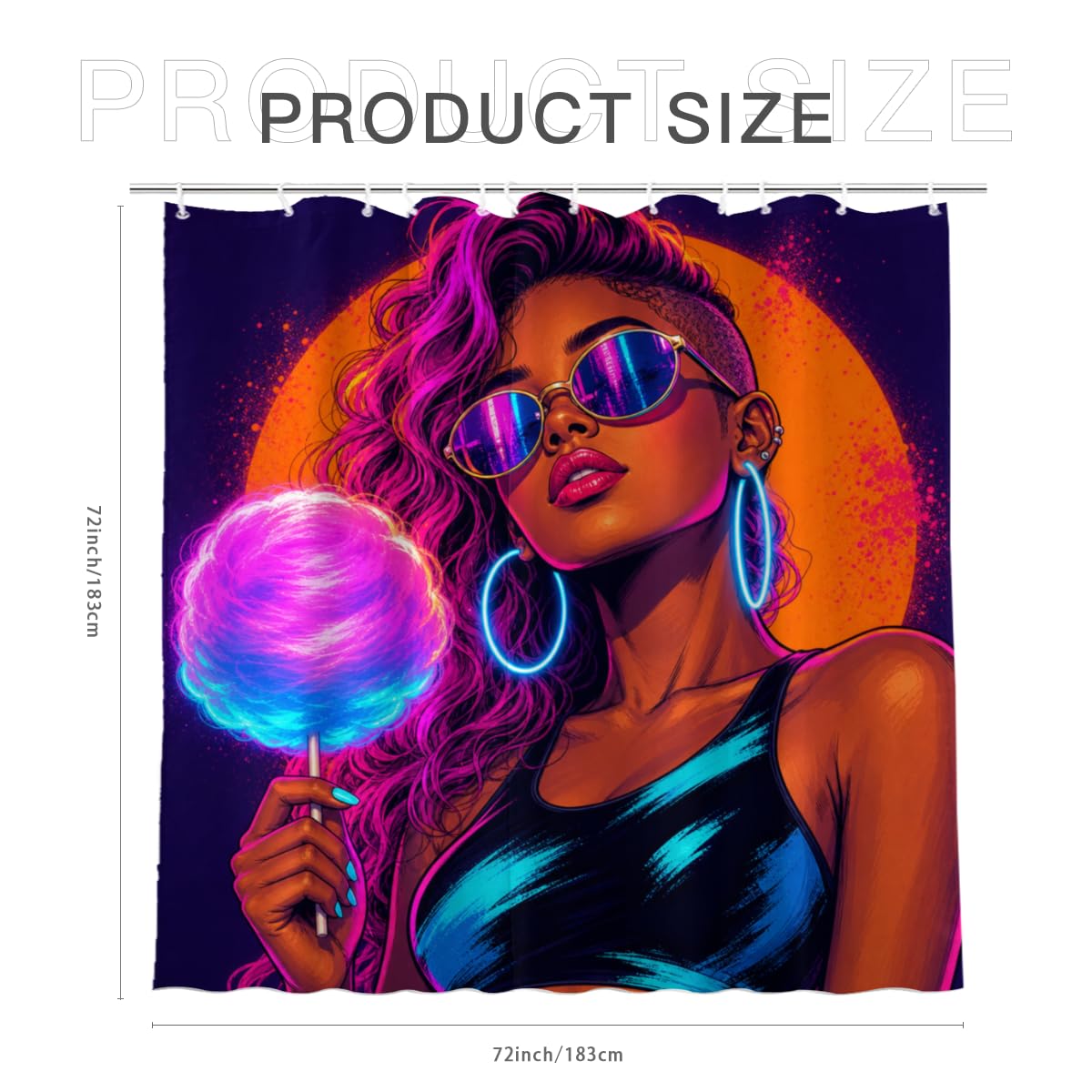 TopPacific Cotton Candy Woman Shower Curtain 72x72 Inch Shower Curtain with 12 Hooks Polyester Woman Sunglasses Cotton Candy Neon Circle Background Bathroom Decor