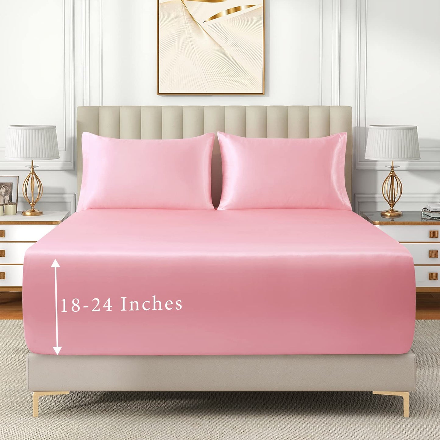 VACVELT 3pcs Extra Deep Pocket Satin Fitted Sheet Set King Bed Set, Pink Bottom Sheet Fit 18-24 Inch Deep Pocket Mattress, Silky Bedding Set Soft & Ultra Deep Fitted Sheet & 2 Pillowcase