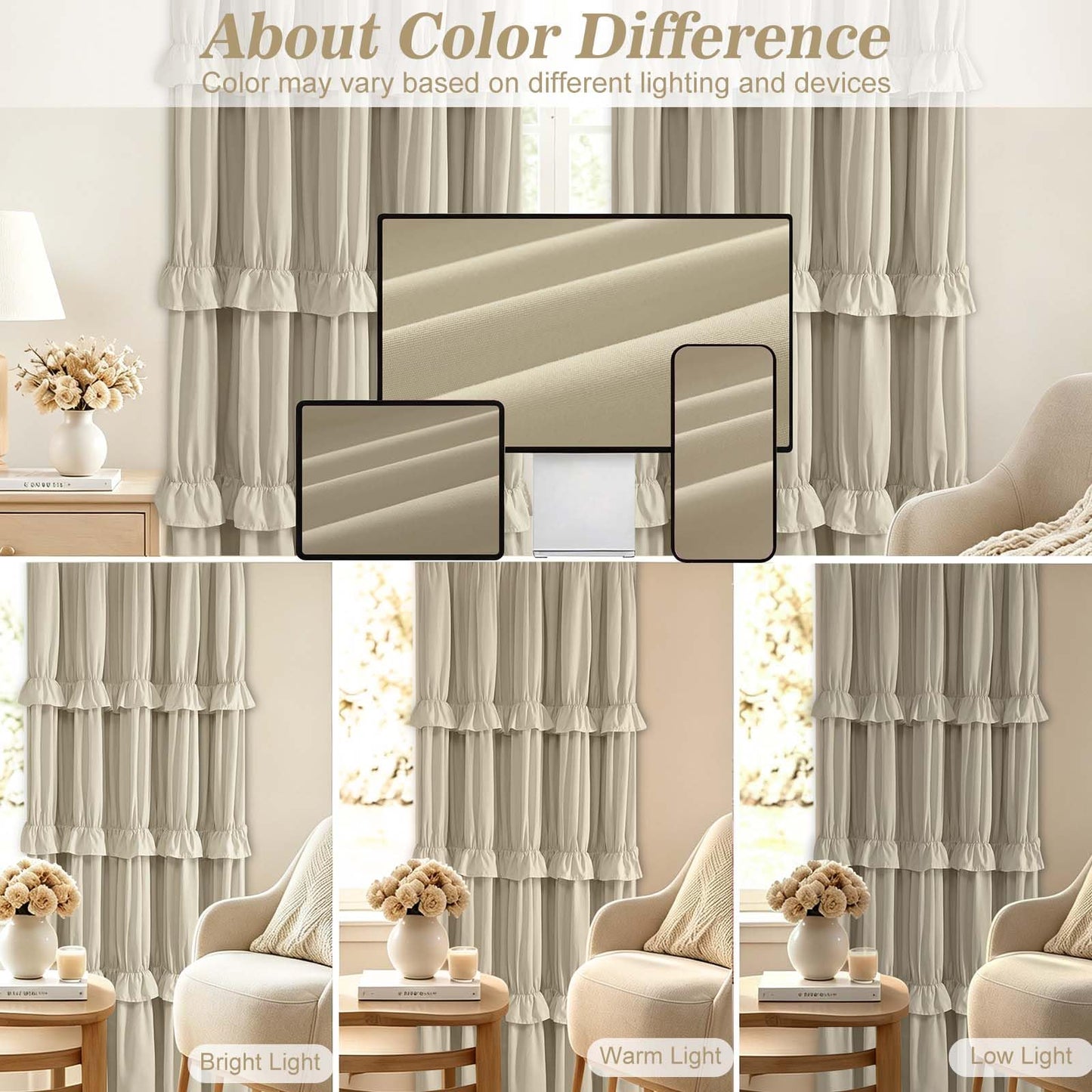 Yinhua Ruffle Curtains for Living Room Farmhouse Blackout Curtains for Bedroom 84 Inch Long with 3 Rows of Ruffles, Room Darkening Window Curtain Rustic Country Rod Pocket Drapes, 2 Panels, Camel