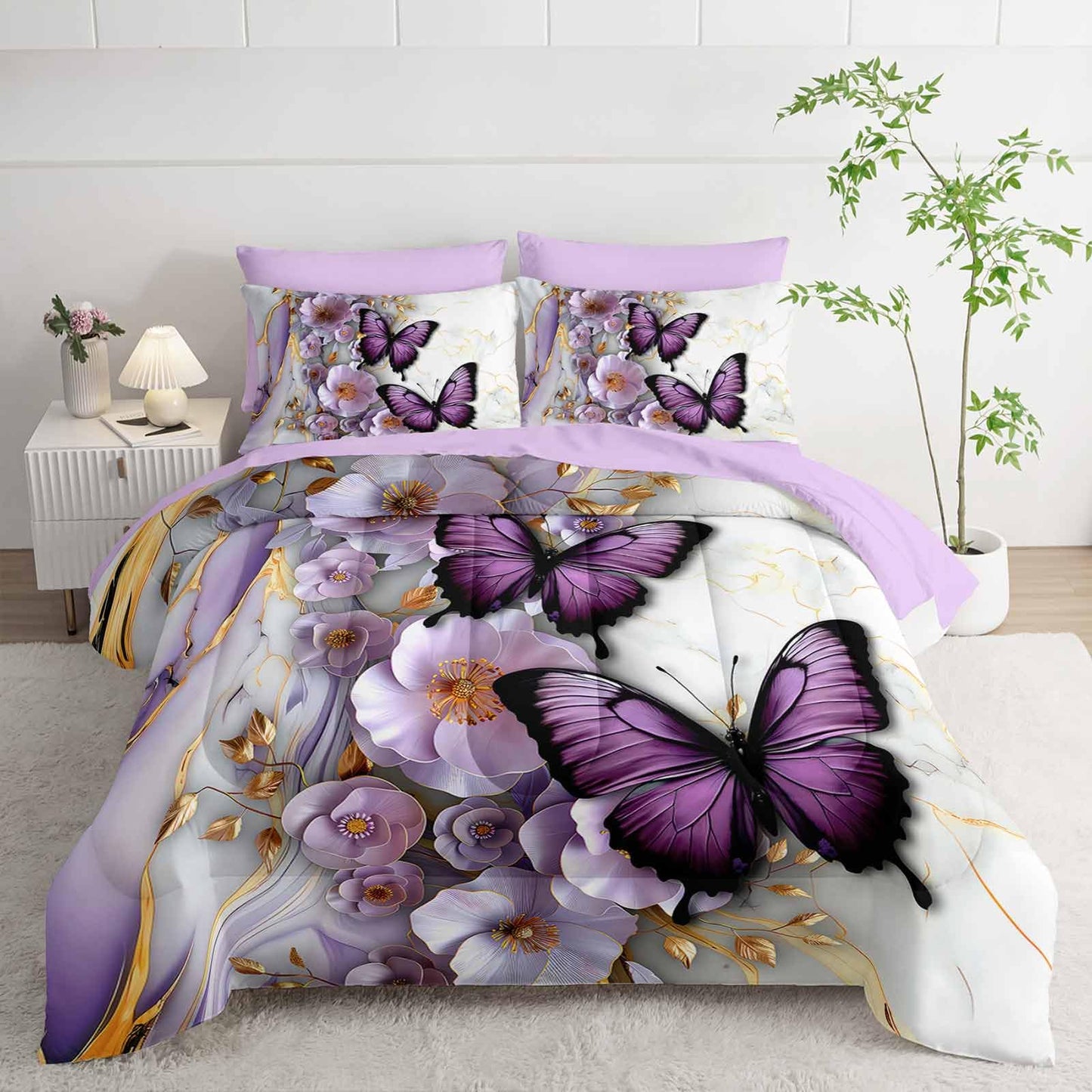 AILONEN Butterfly Girls Comforter Set Printed Full Size 7Pcs Purple Floral Bed in a Bag,Gold White Marble Flower Comforter + Fitted/Flat Sheet + 2 Pillowcases + 2 Pillow Shams for Kids Women