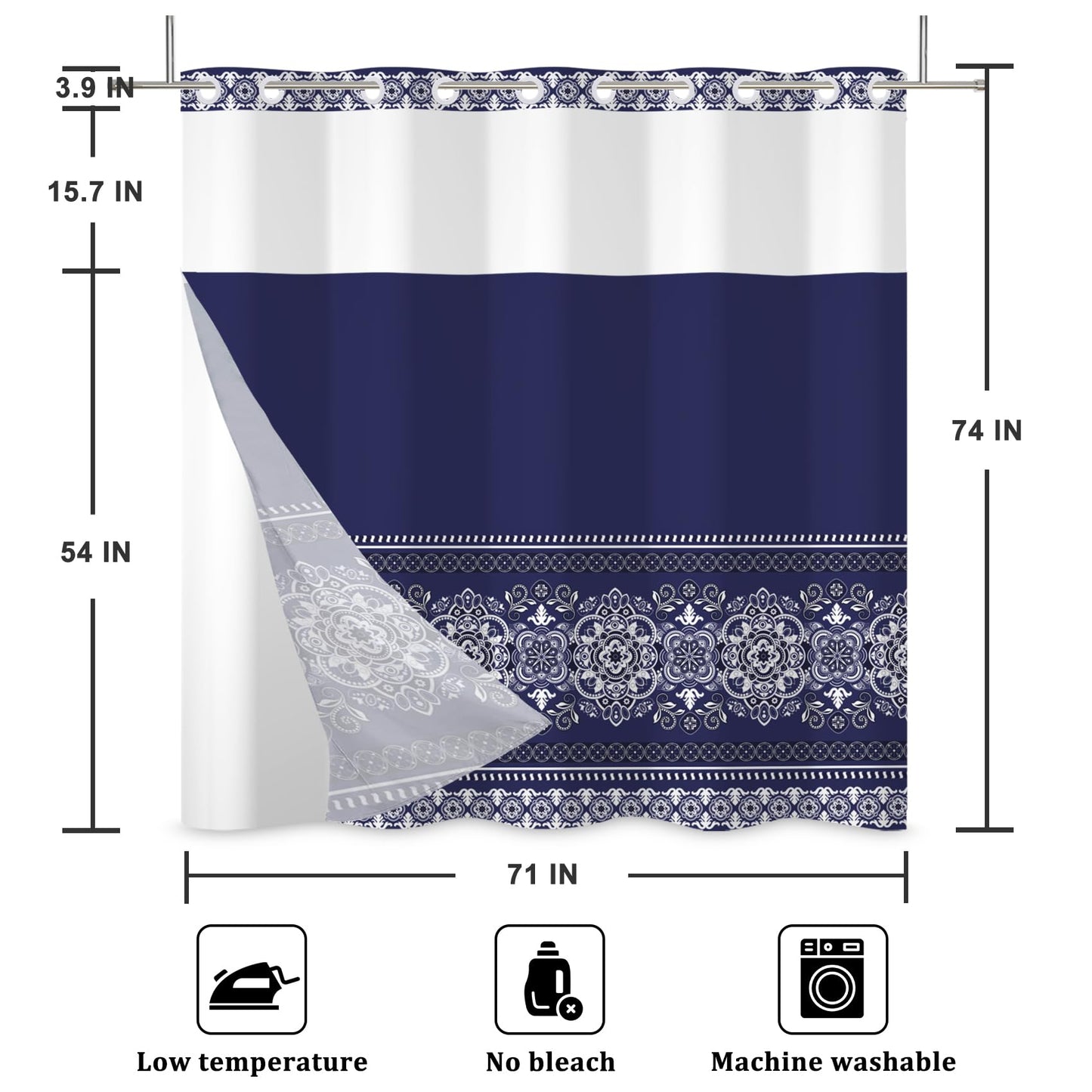 Baocicco No Hook Boho Pattern Shower Curtain Snap Liner Dark Blue Bohemian Striped Shower Curtains for Luxury Hotel Grade Spa-Like Bathroom Decor Minimalist Double-Layered Shower Curtain 71x74 Inch