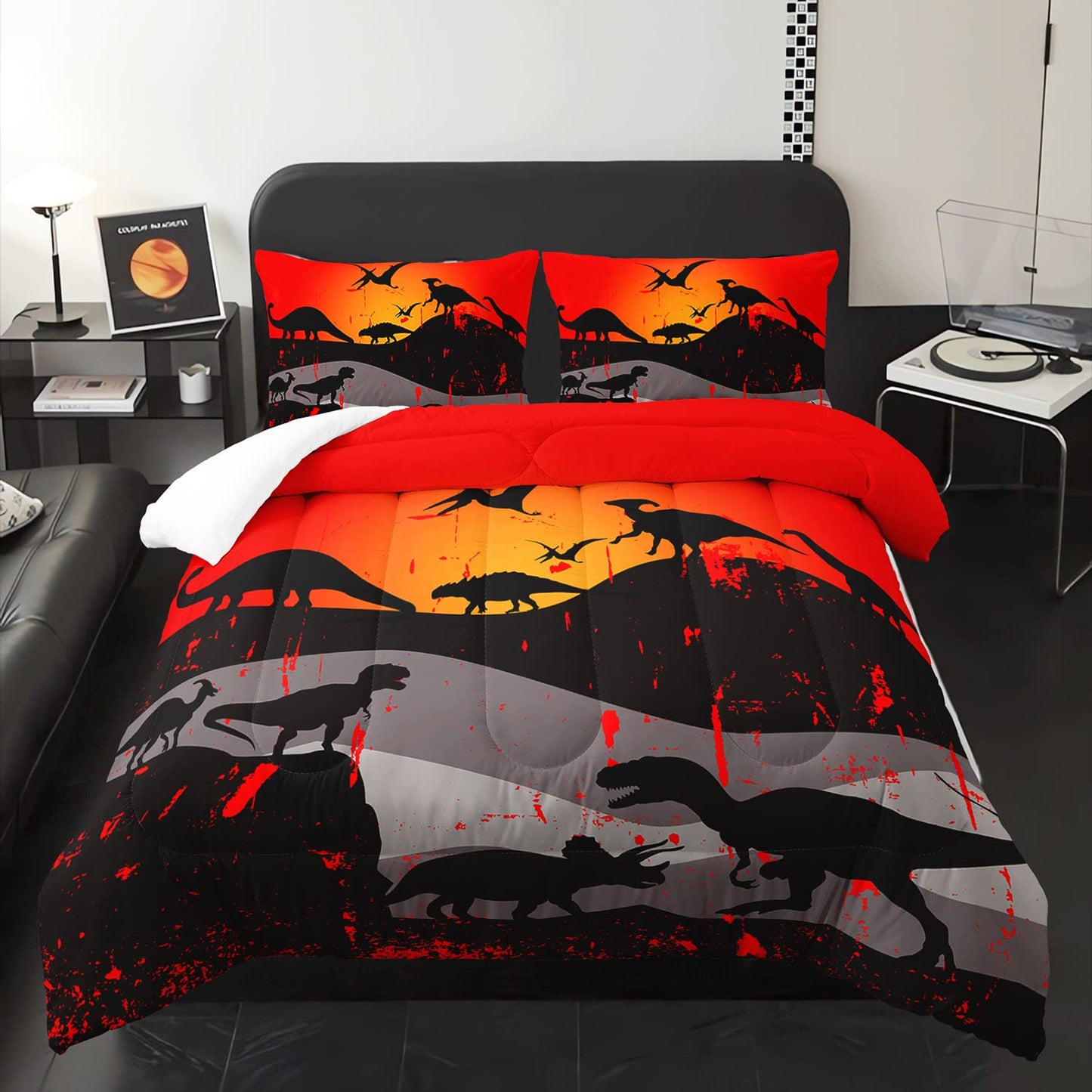 XYNHML Cartoon Dinosaur Comforter Set Twin 3Pc Kawaii Dinosaur Bedding Set All Season with Tree, Leaf Decoration Includes 1 Comforter, 2 Pillowcases for Kids Girls Teens