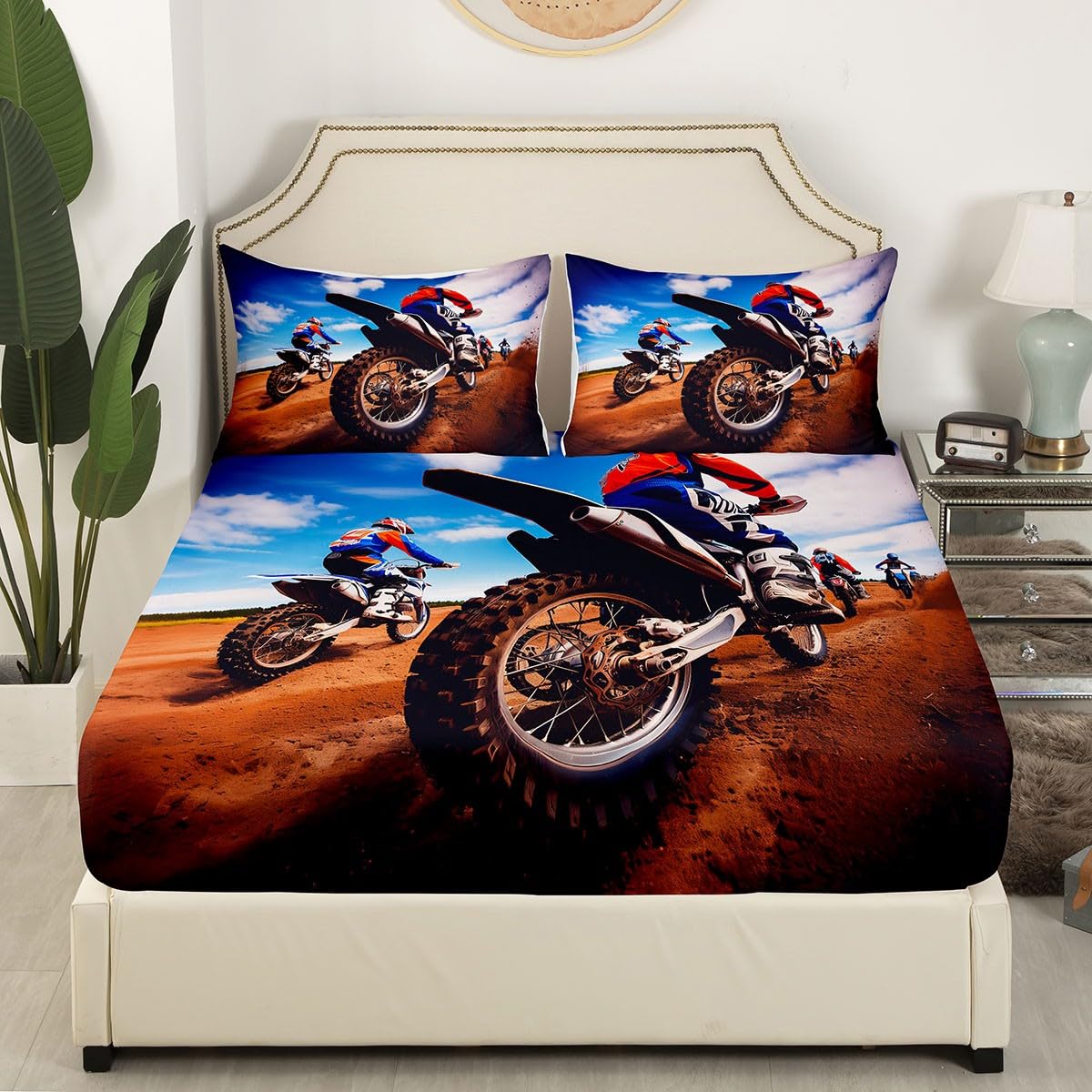 Feelyou Motorbike Fitted Sheet Dirt Bike Bed Sheet Sports Motorcycle Bedding for Kids Boys Teens Queen Size Motocross Racer Sheet Set Includes 1 Sheets & 2 Pillowcases (No Flat Sheet)