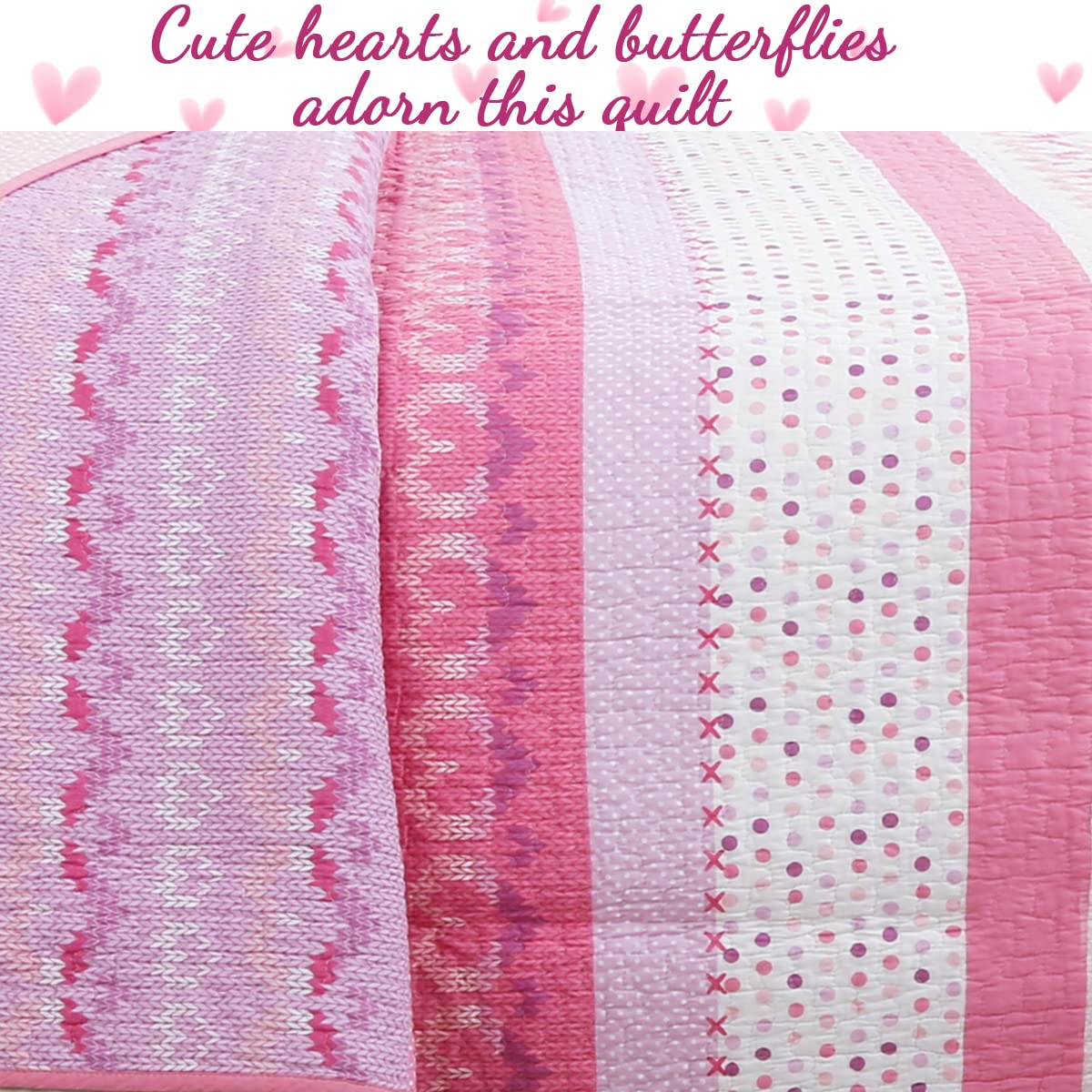 Cozy Line Home Fashions Cute Pink Butterfly Stripe Hearts 100% Cotton Soft Bedding Quilt Set, Coverlet, Bedspread (Queen - 3 Piece)