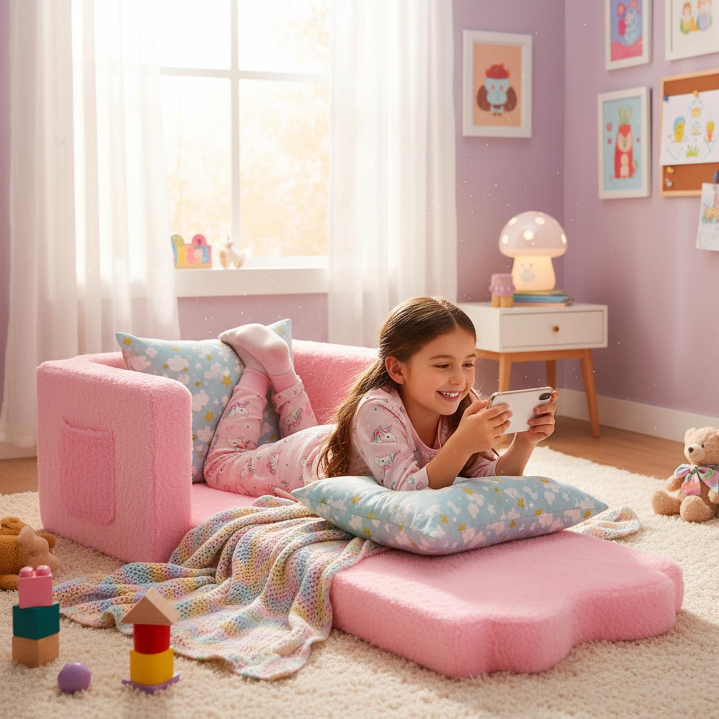 Novabright Kids Chair or Couch for Toddler, 2-in-1 Soft Foldable Couch, Comfy Toddler Chair, Convertible Sofa to Lounger, Gifts for Kids Girl Boys for Birthday Children's Day (Bow)