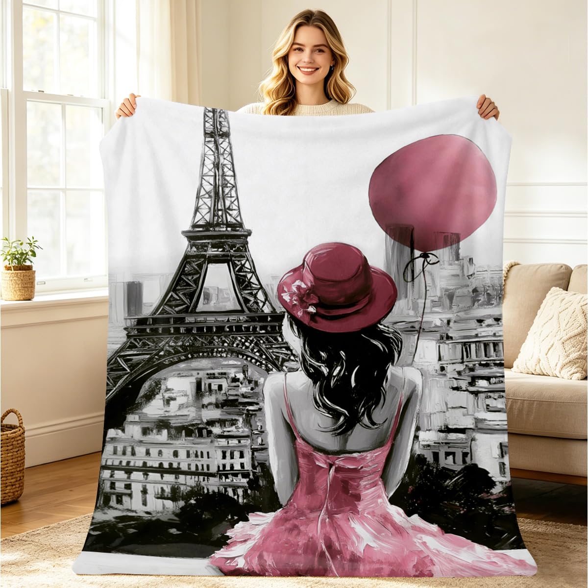 HUNXIAOJ Paris Eiffel Tower Blanket Pink Romantic Paris Decor Flannel Eiffel Tower Soft Throw for Bed Chair Car Sofa Couch Girls Bedroom Home Decor Gifts for Girls Women 49"x59"