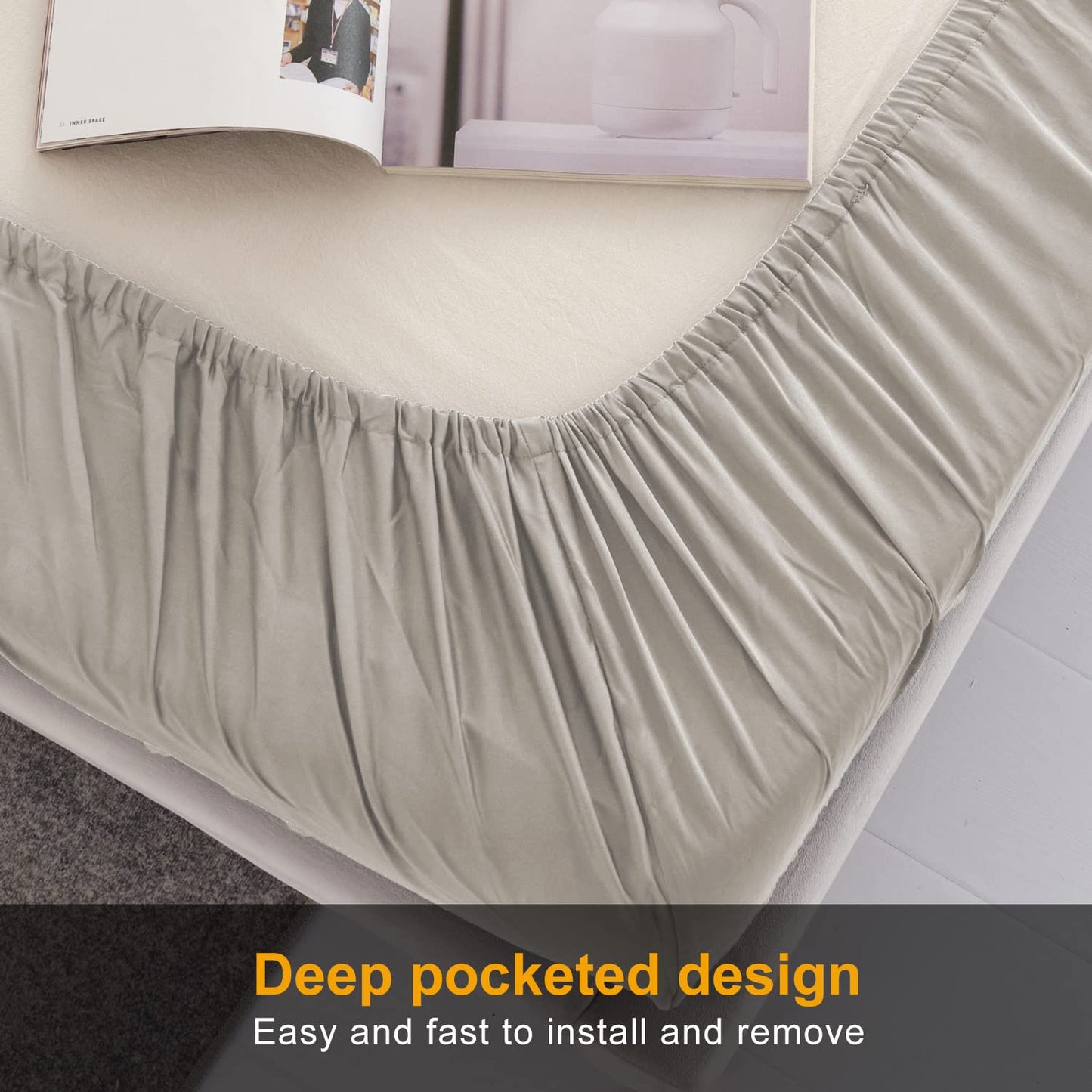MILDLY Deep Pocket Fitted Sheet Only Queen Size 60"x80" 100% Long Staple Cotton Linen Grey Oatmeal Color Breathable Bottom Sheet Fits Up to 14" Deep Mattress