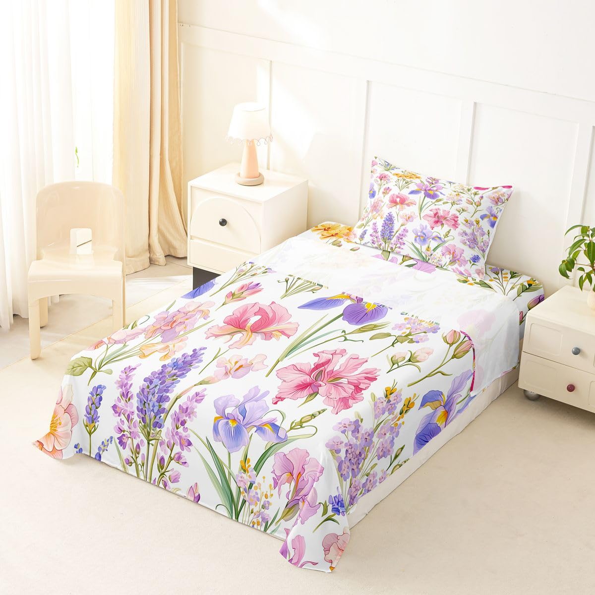Erosebridal Pink Floral Bed Sheets Set Twin Colorful Plants Sheet Set Garden Style Flower Sheets Rustic Farmhouse Flat Fitted Sheet