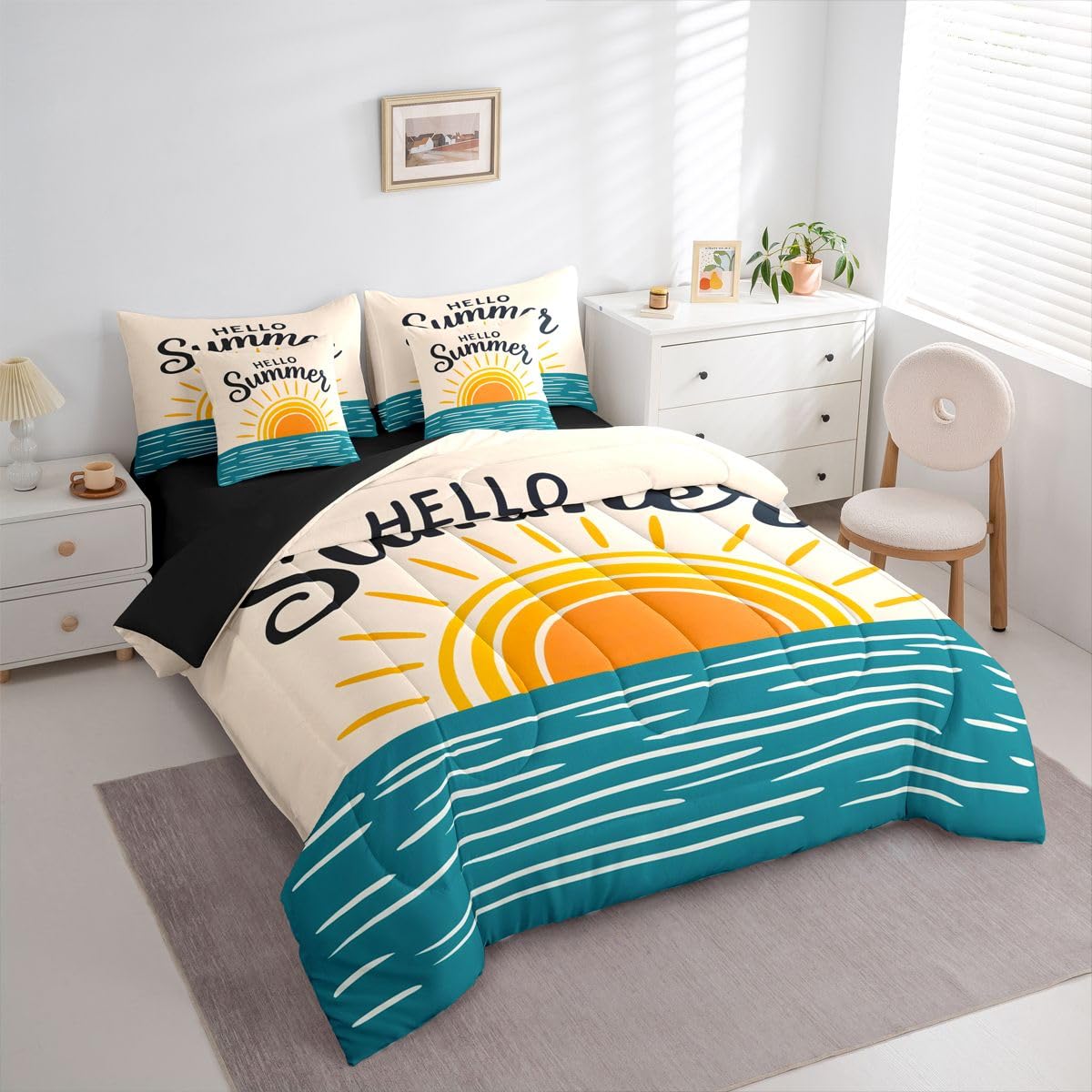 Erosebridal Sunrise Ocean Queen Bedding Set Coastal Minimalist Art Comforter Set with Flat and Fitted Sheet Kids Teens Modern Watercolor 7-Piece Bed in a Bag Beach Hello Summer Quilt Sets