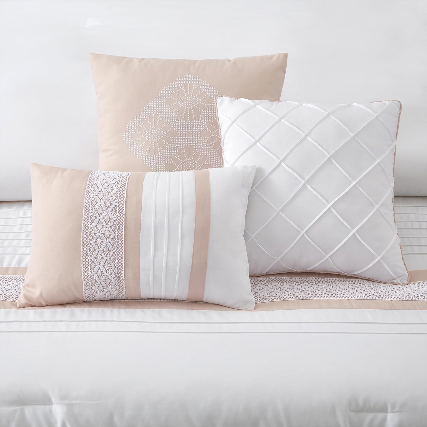 LANCO MODERN LIFESTYLE 7 Piece Comforter Set, Pink White, Queen Size, Boho Style Geometric Microfiber Embroidery, Bed in a Bag with Bedskirt, Pillow Shams and Decor Pillows