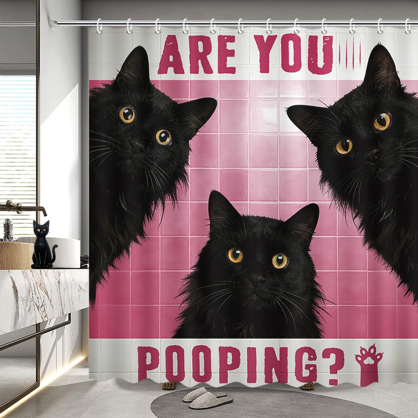 MEHOFOND Funny Cat Shower Curtain Cute Fun Black Cats Pink Tiles Shower Curtain for Bathroom are You Pooping Bathtub Decor Fabric Waterproof Washable Bath Curtain 72x72 Inch