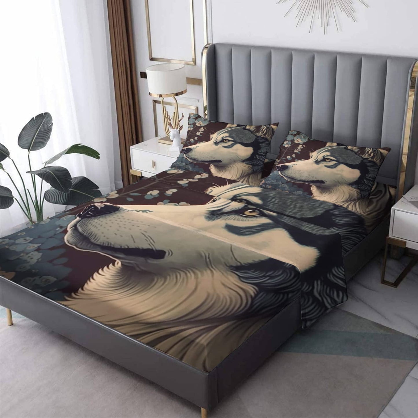 zcwl Queen Sheets Set, Siberian Husky Bed Sheets - Microfiber Bedding Sheets & Pillowcases 4 Piece, Dog Animal Patterned Sheet Set, 16 Inch Deep Pocket Fitted Sheet, Silky Soft Wrinkle Free