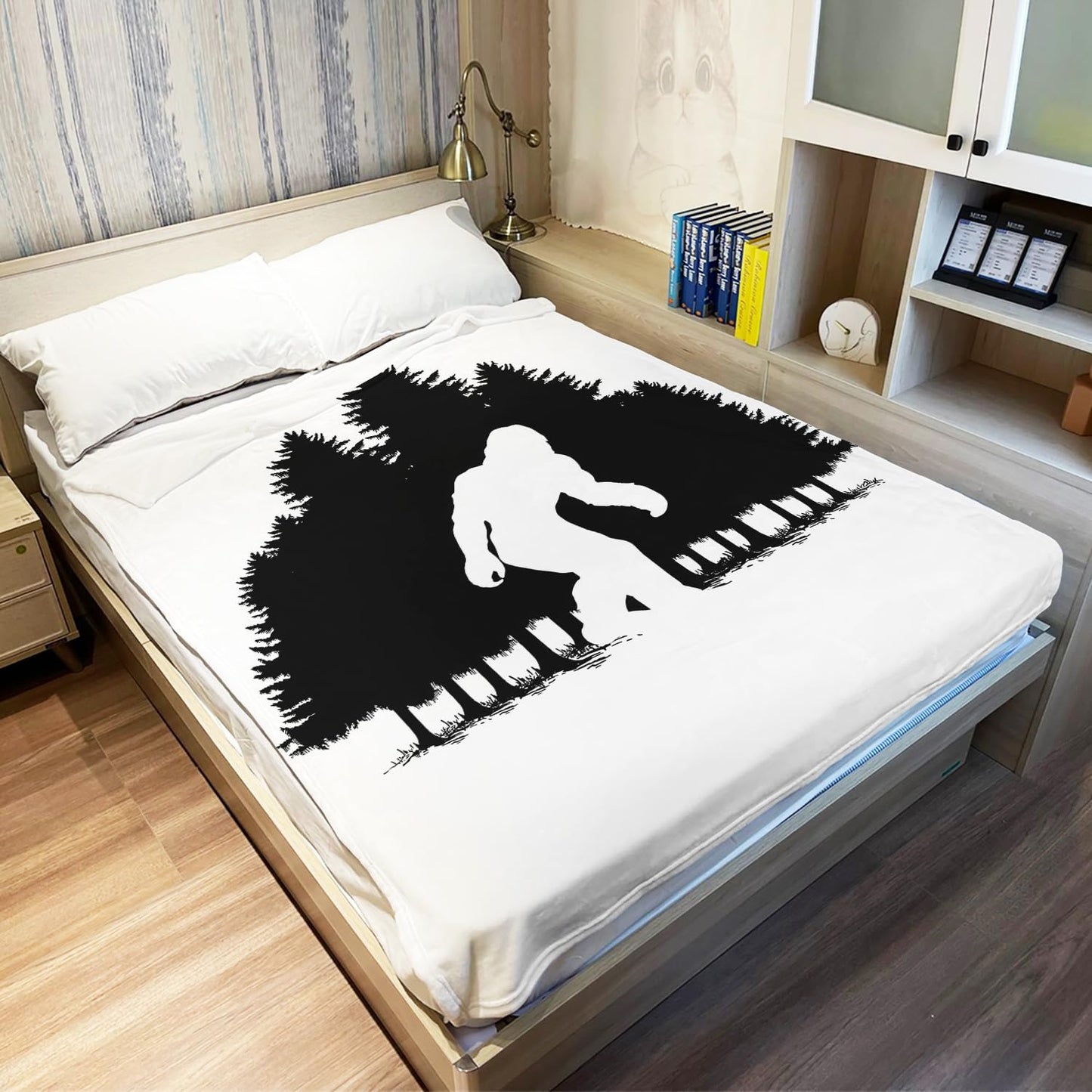HommomH Forest Silhouette Bigfoot Throw Blanket, 50 x 60 Inches, Black and White, Decorative Soft Cozy Fleece Blanket for Couch Bed