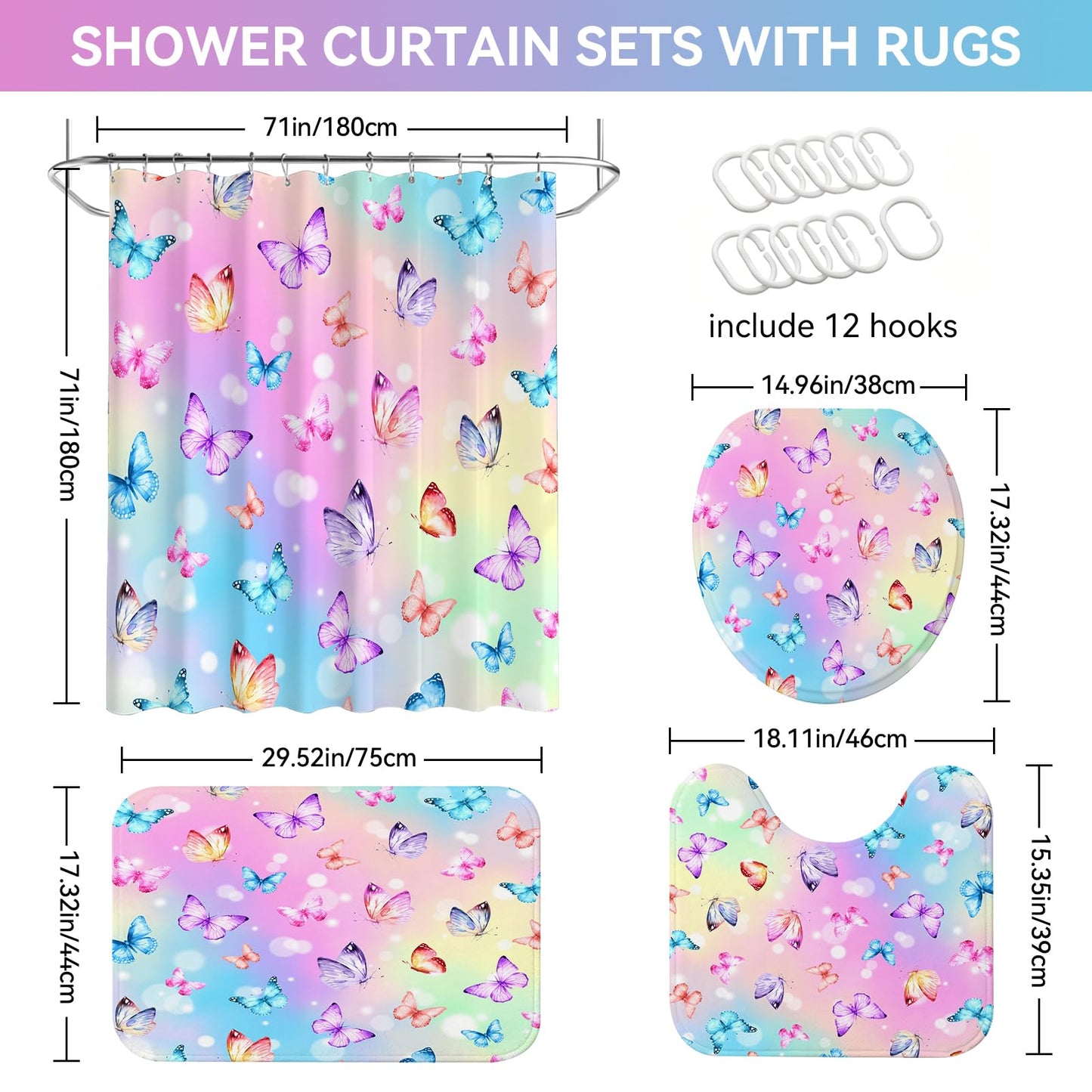 Muuyi 4Pcs Pink Bathroom Sets with Shower Curtain and Rugs, Gradient Butterfly Cute Shower Curtain Set, Women Girly Bathroom Decor, Includes Non-Slip Bath Mat, Toilet Lid Cover & 12 Hooks, 71" x 71"