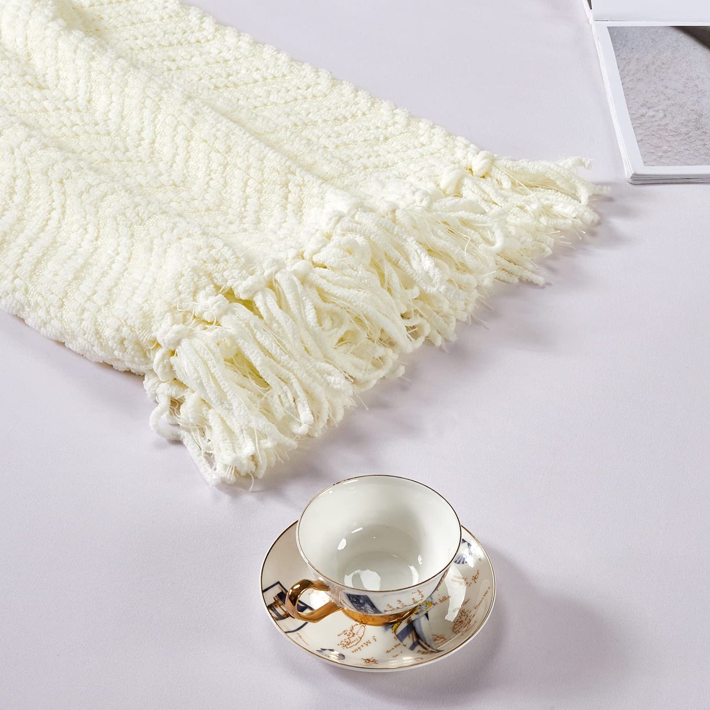 HOMEIDEAS Warm Tassel Knit Blanket Throw Size for Couch Sofa Bed, Cream Thick Knitted Armchair Office Chair Throw Blankets, Winter Chunky Blankets(50x60)