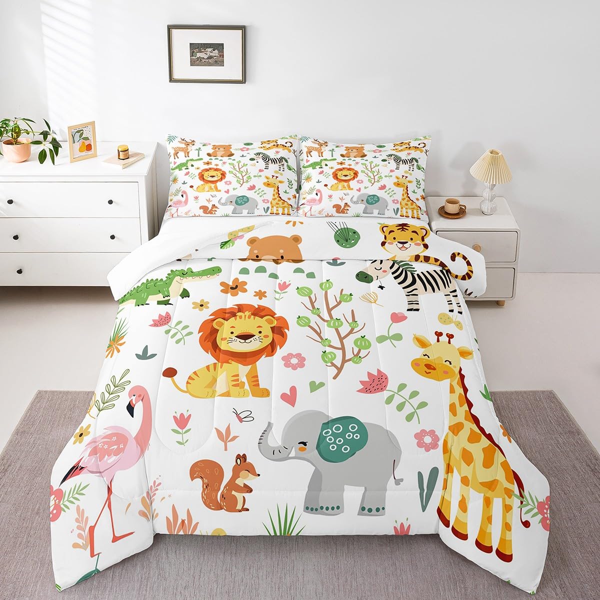 Feelyou Twin Size Cartoon Lions Giraffe Comforter Set Zoo Animals Bedding Set Flamingo Zebra Comforter for Kids Boys Girls Kawaii Animals Duvet Insert 2Pcs
