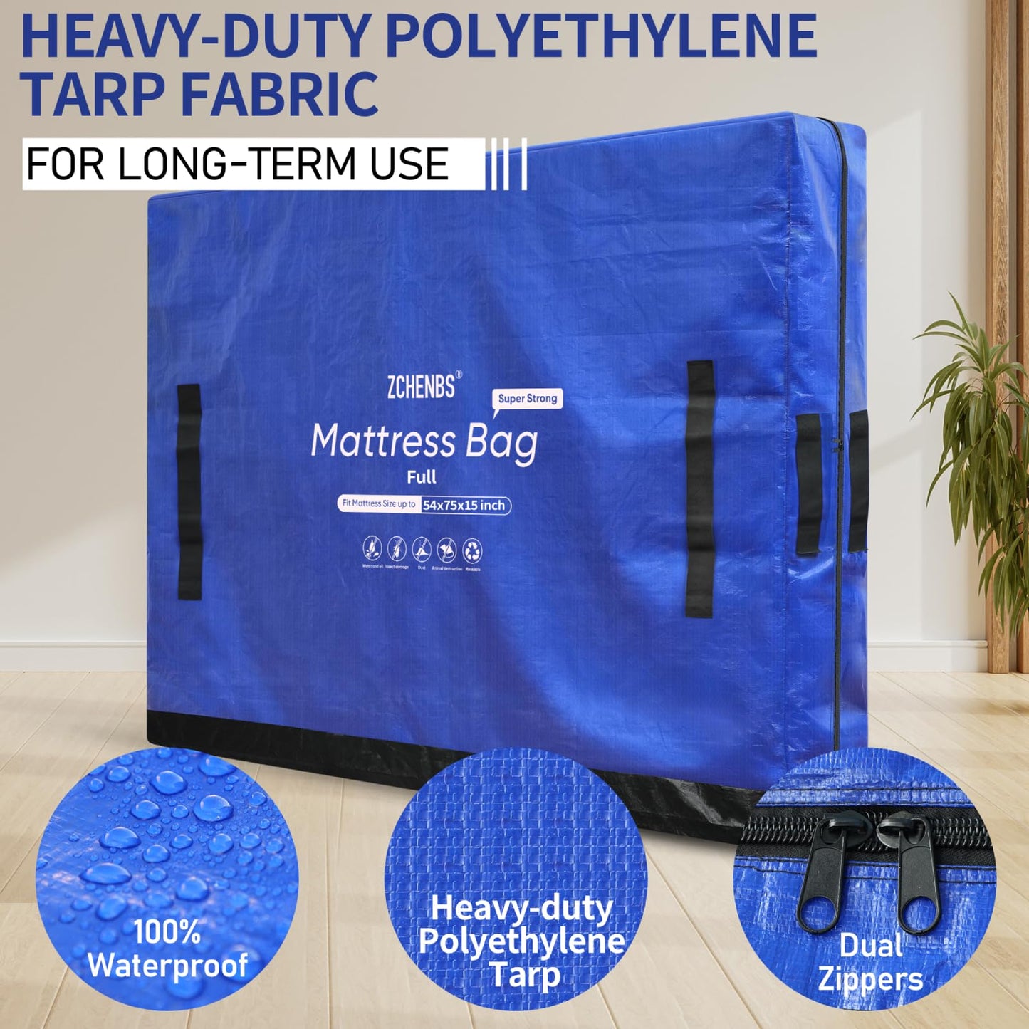ZCHENBS Mattress Bags for Moving, Full Mattress Storage Bag with Handles and Zipper, Waterproof Heavy Duty Drag-Resistant Reusable Mattress Protector Cover for Moving, Blue, Full