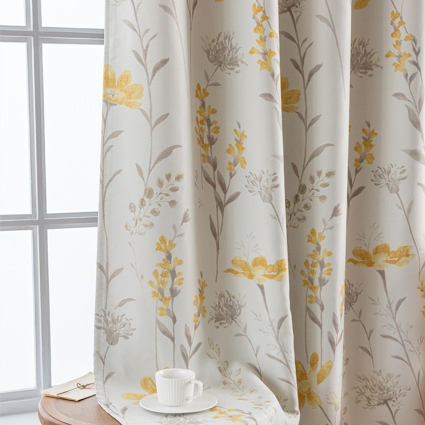SUOUO Yellow Floral Blackout Curtains for Bedroom 84 inches Long Patterned Grey Leaf Thermal Insulated Window Drapes for Living Room 2 Panels