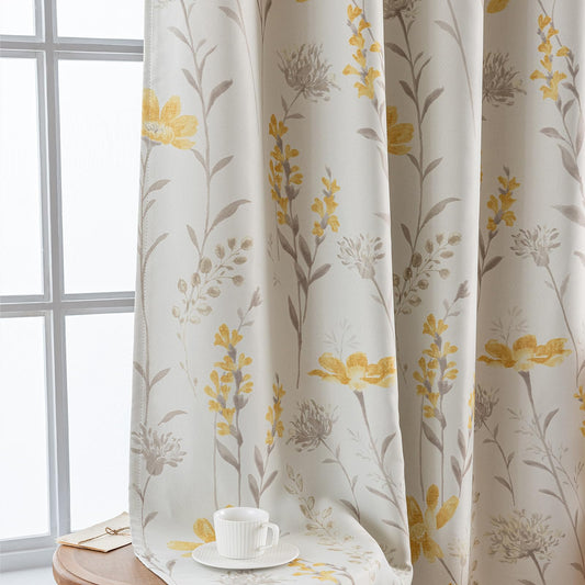 SUOUO Yellow Floral Blackout Curtains for Bedroom 96 inches Long Patterned Grey Leaf Thermal Insulated Window Drapes for Living Room 2 Panels